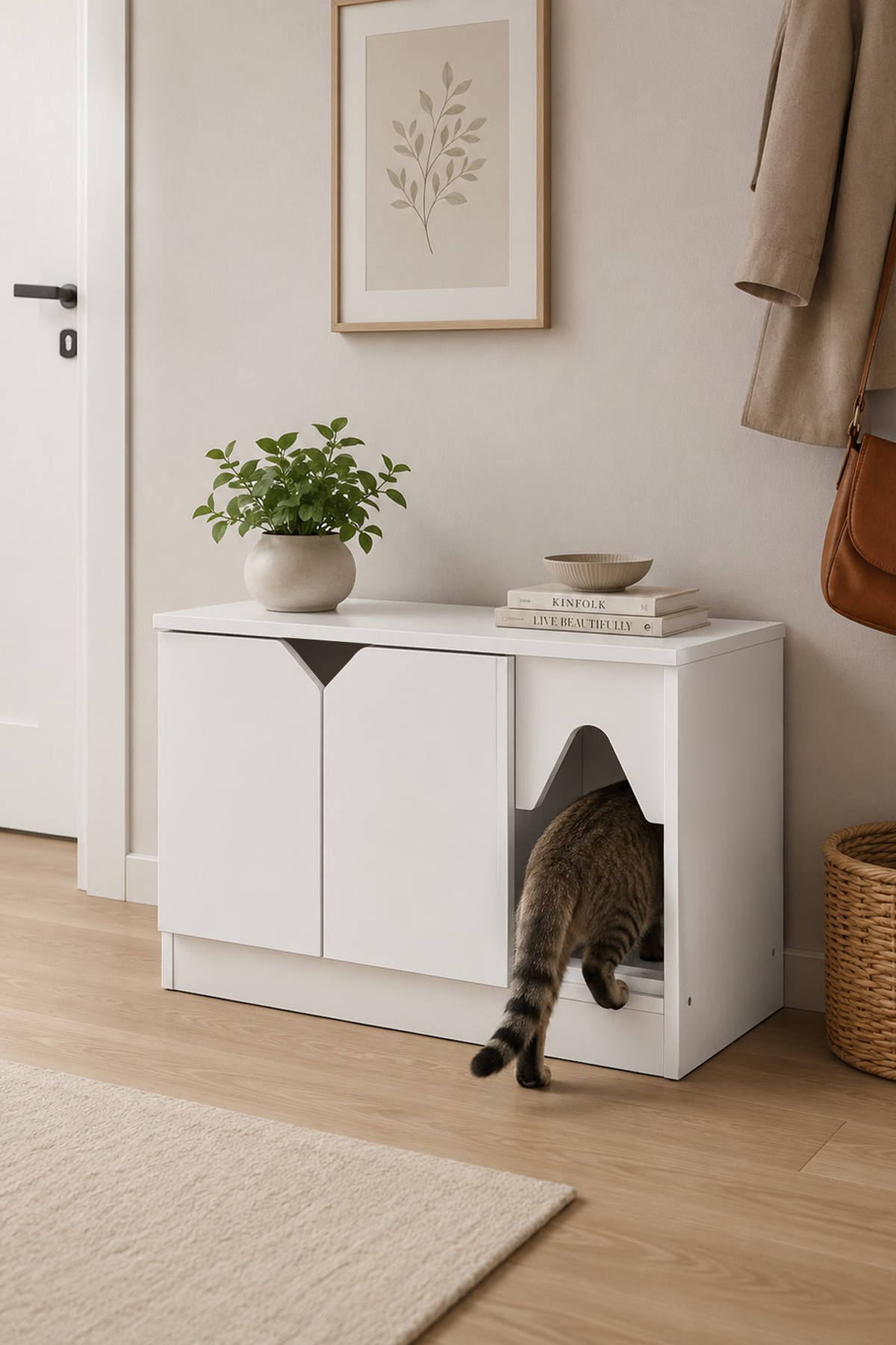 خانه گربه و کابین مخفی‌کننده توالت گربه بنیم اودام benim odam Kitty Modern مدل KT-9401.21، سفید ساده