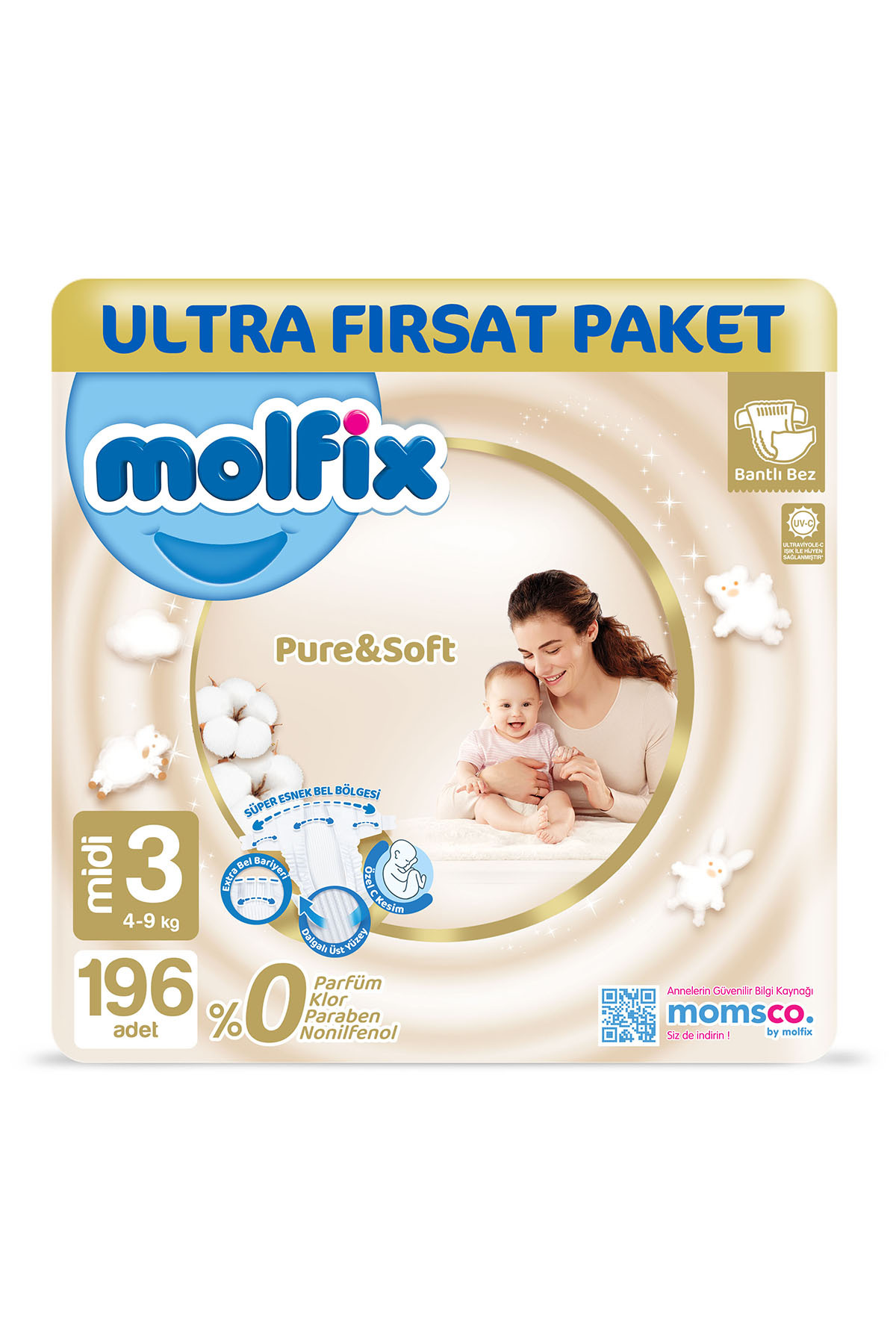 پوشک بچه PURE &amp; SOFT سایز 3 میدی 196 عدد اورجینال Molfix