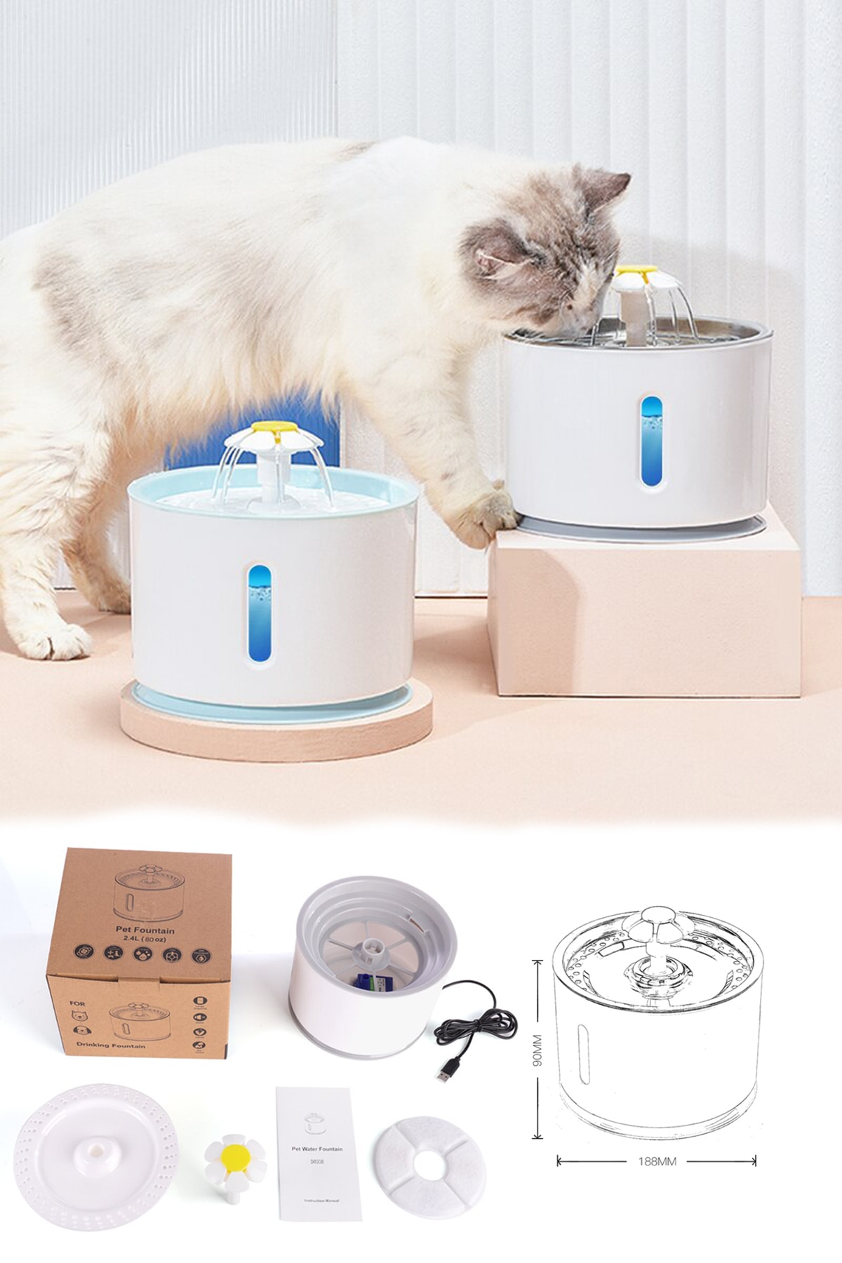 آبخوری فواره‌ای خودکار تکنوجت Technojet برای گربه و سگ، ۲٫۴ لیتر، USB و نشانگر LED