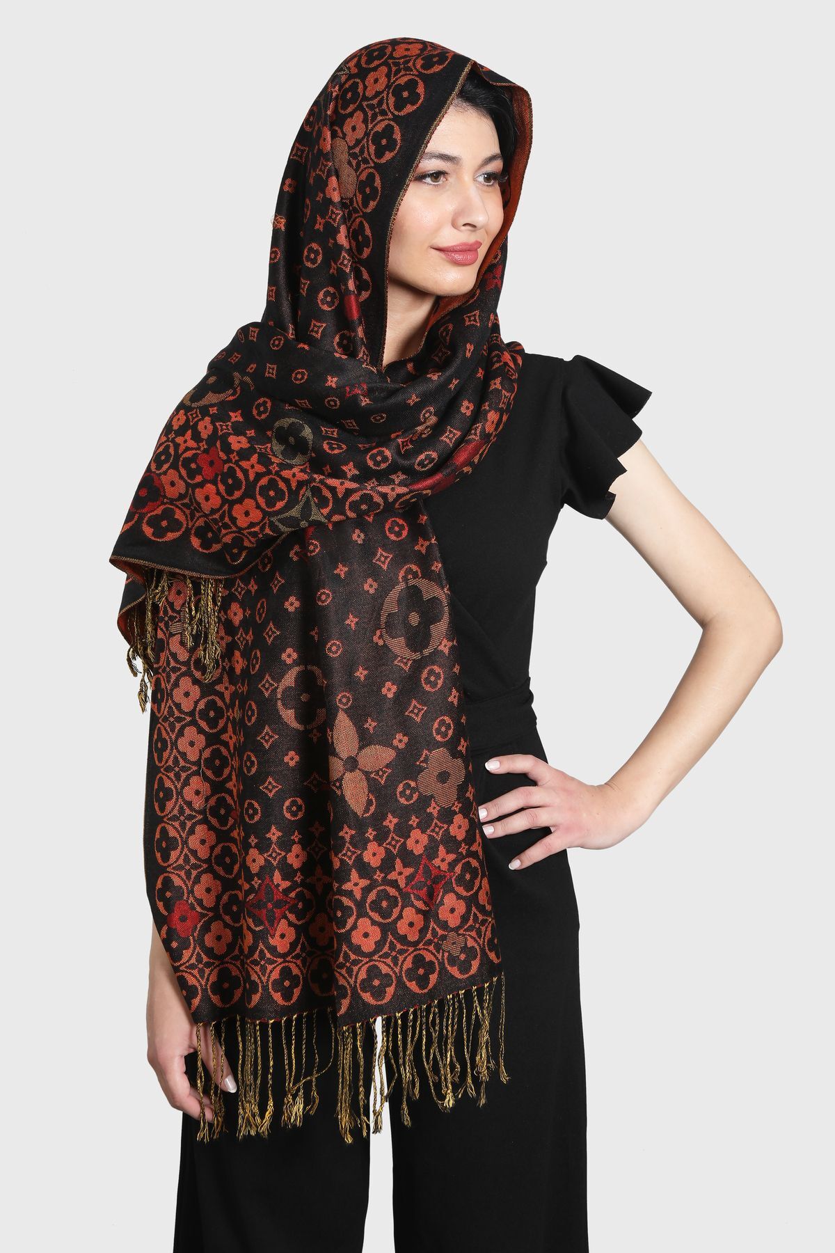 شال پشمینه زنانه میستیک Mystic مشکی و آجری مدل MS-353