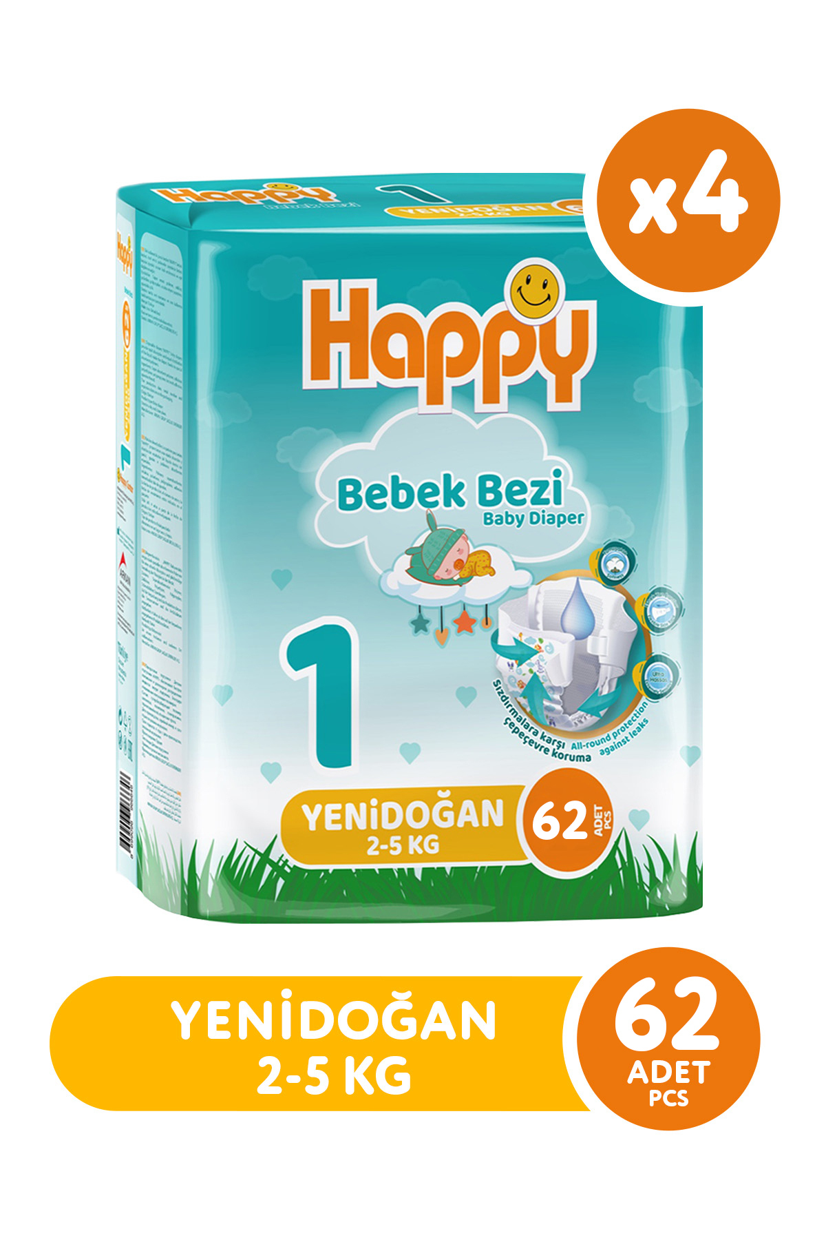 پوشک بچه نوزاد 1 شماره 62 L X 4 عدد اورجینال Happy
