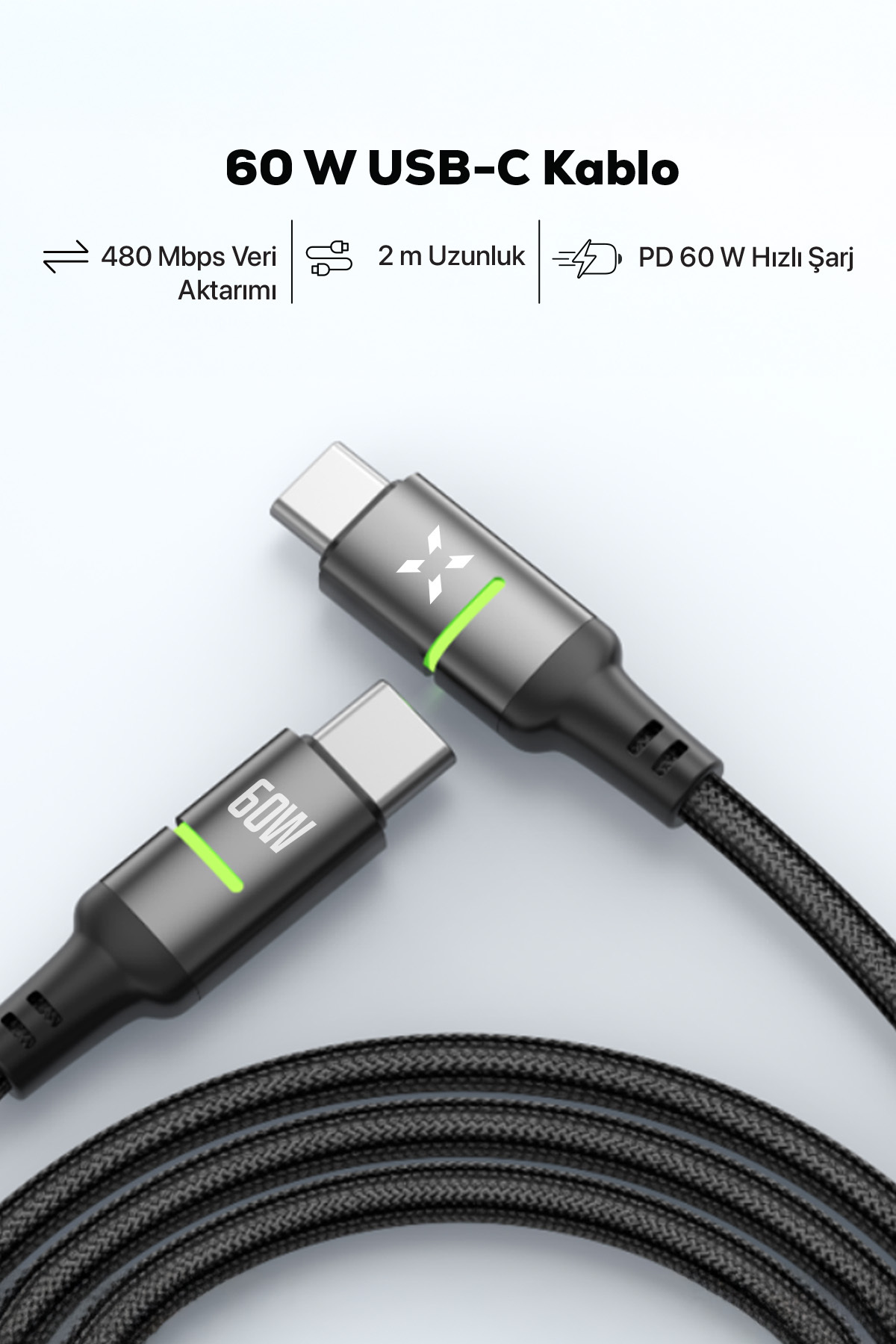 کابل شارژ تایپ‌سی به تایپ‌سی ژنون اسمارت زنون اسمارت Xenon Smart مدل X6422، ۶۰ وات، ۲ متر، خاکستری