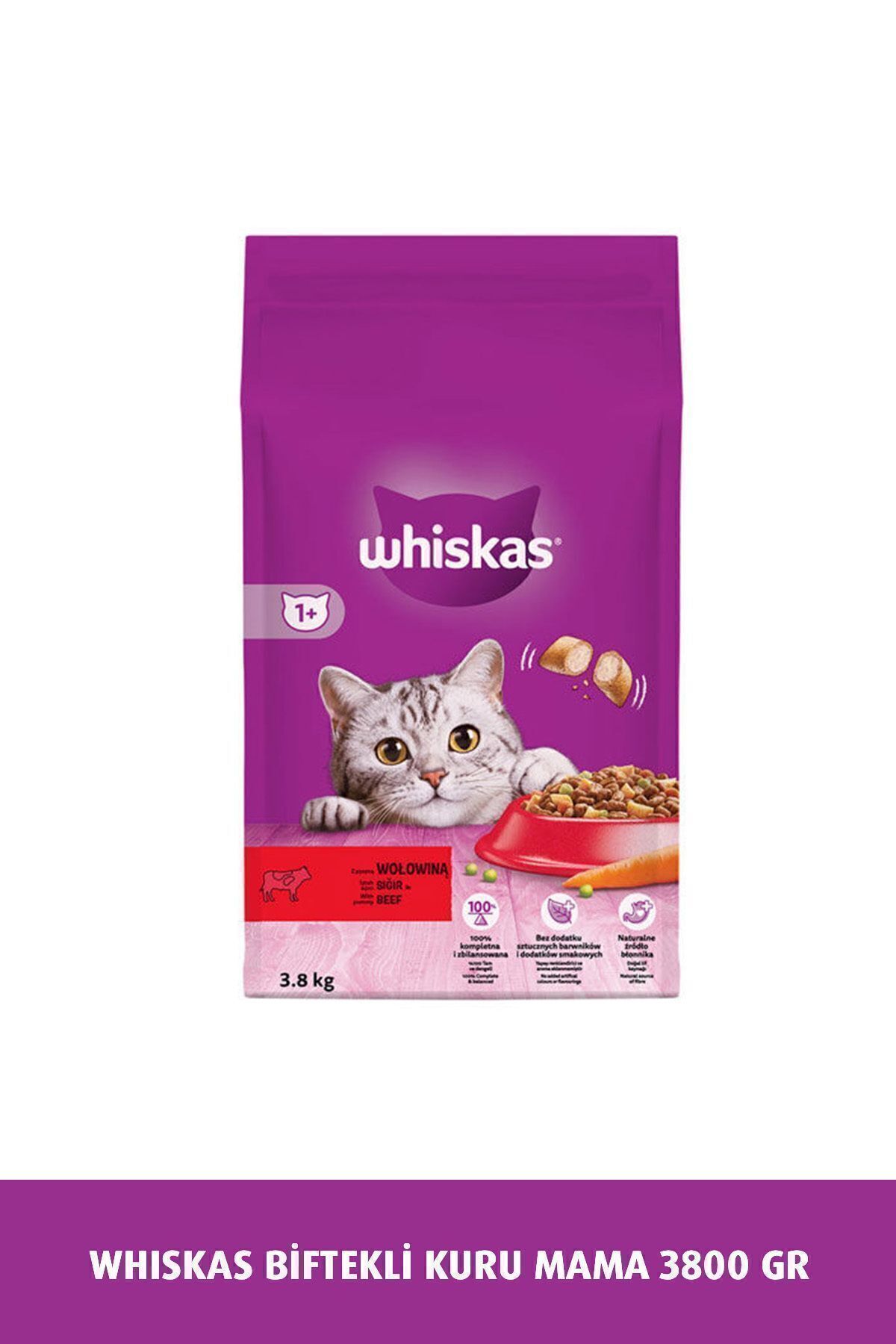 غذای خشک گربه ویسکاس Whiskas با طعم گوشت گاو، بزرگسال، ۳٫۸ کیلوگرم 3,8 Kg