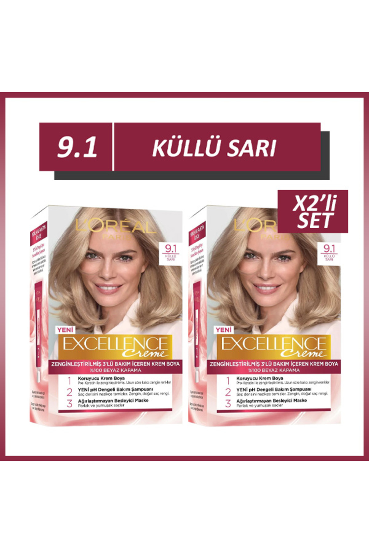 رنگ مو مردانه و زنانه LOREAL PARIS EXCELLENCE CREME 9.1 ASHY YELLOW HAIR DYE X 2 قطعات L'Oreal Paris