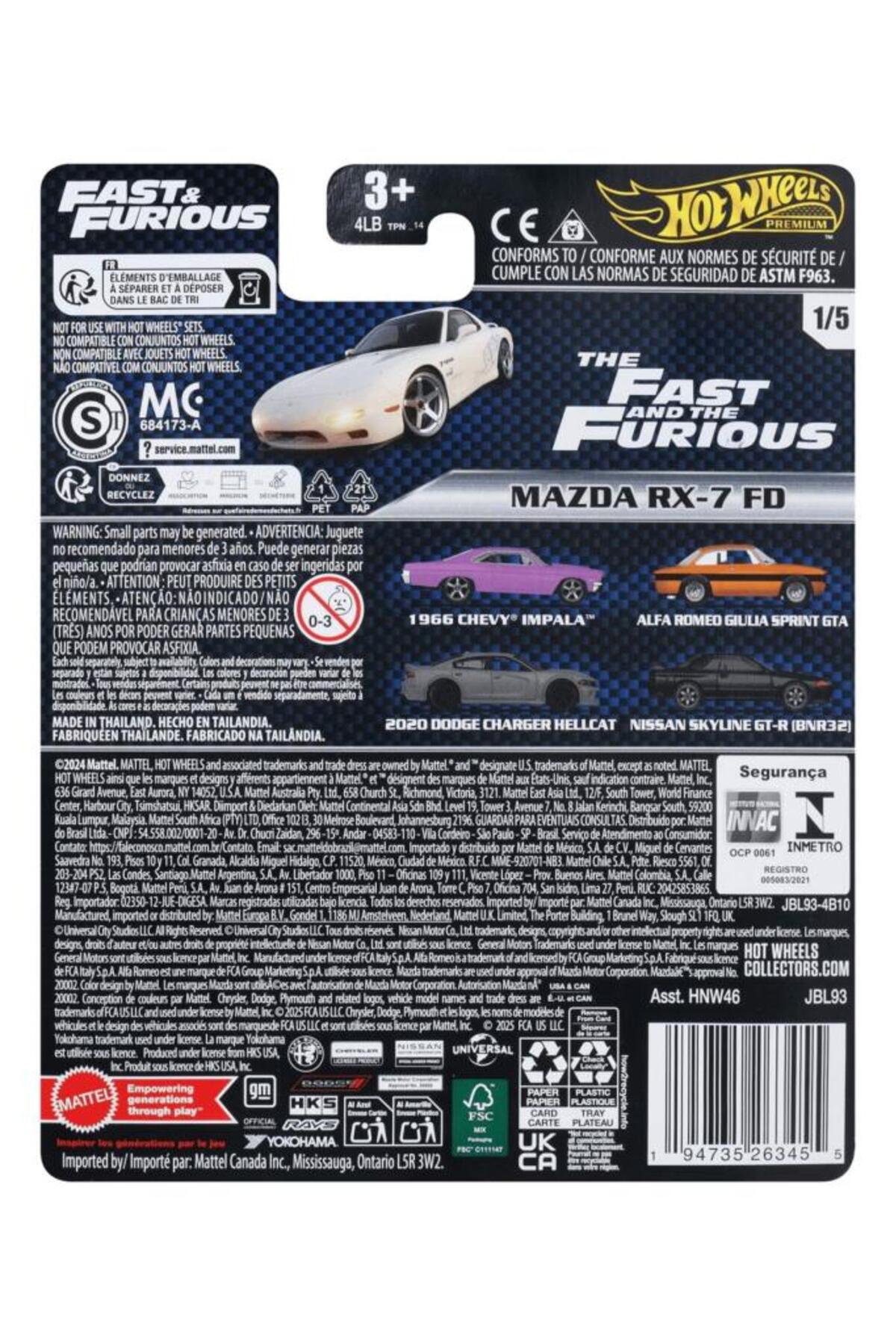 ماشین اسباب بازی ممتاز FAST & FURIOUS مزدا RX 7 FD HNW46 JBL93 از ترکیه HOT WHEELS