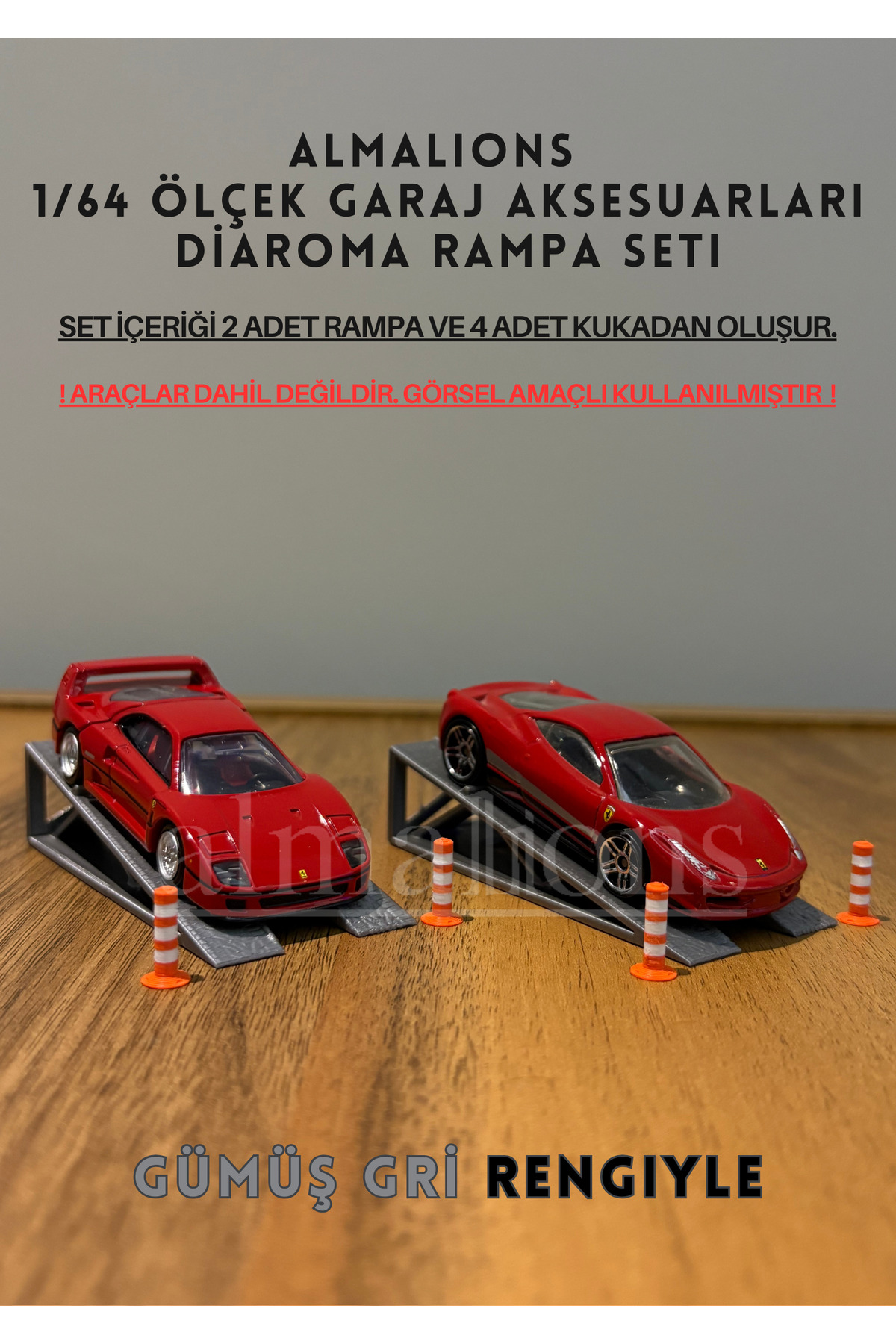 ماشین اسباب بازی 1 64 SCALE DIAROMA RAMP CAR 2 PIECES + 4 KUKA GARAGE ACCESSORIES نقره ای خاکستری almalions