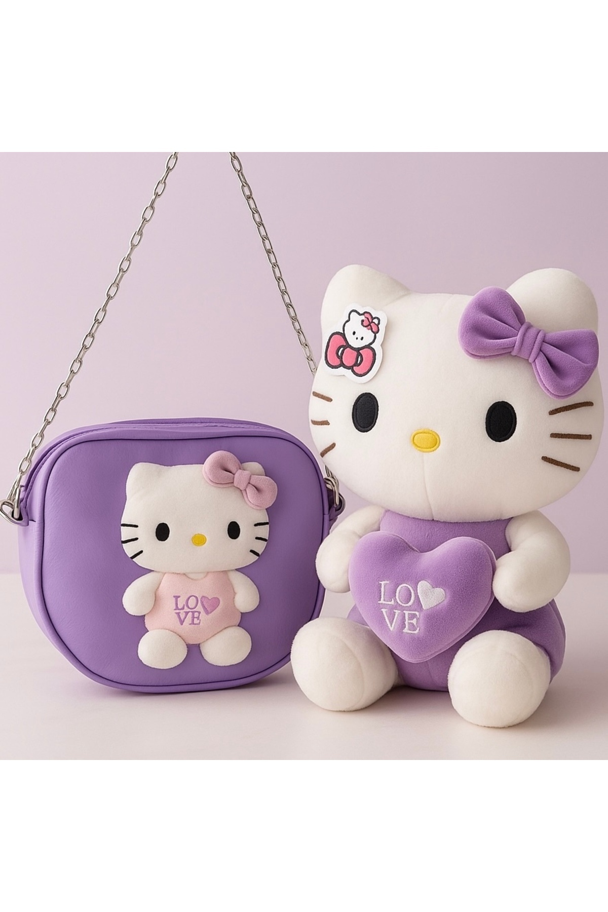اسباب بازی های پشمی مخمل دار بنفش هلو کیتی 35 سانتی متر + کیف چرمی – ست هدیه شیک POLLYTOYS PELÜŞ OYUNCAKTA DÜNYA MARKASI