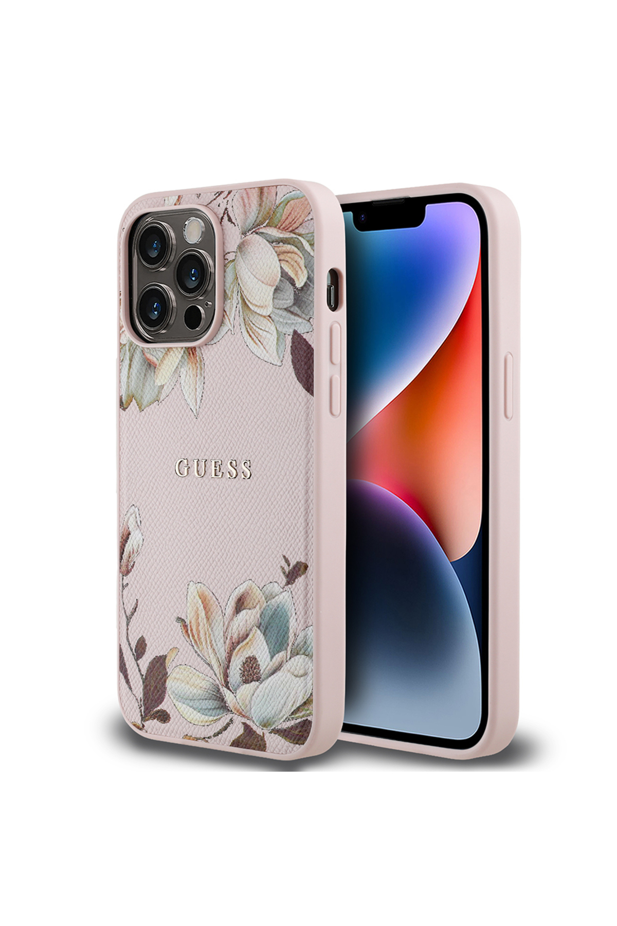 کاور و قاب سازگار با IPHONE 14 PRO MAX GUESS دارای مجوز M SAFE ویژه طرح گل دانه‌دار فلزی صورتی اورجینال Guess