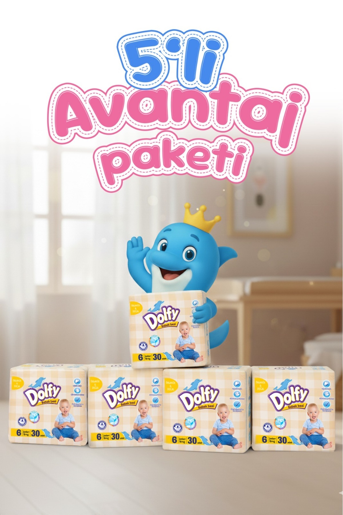 پوشک بچه سایز 6 فرصت اقتصادی بسته I 150 عددی 15 25 کیلوگرم 30X5 اورجینال DOLFY