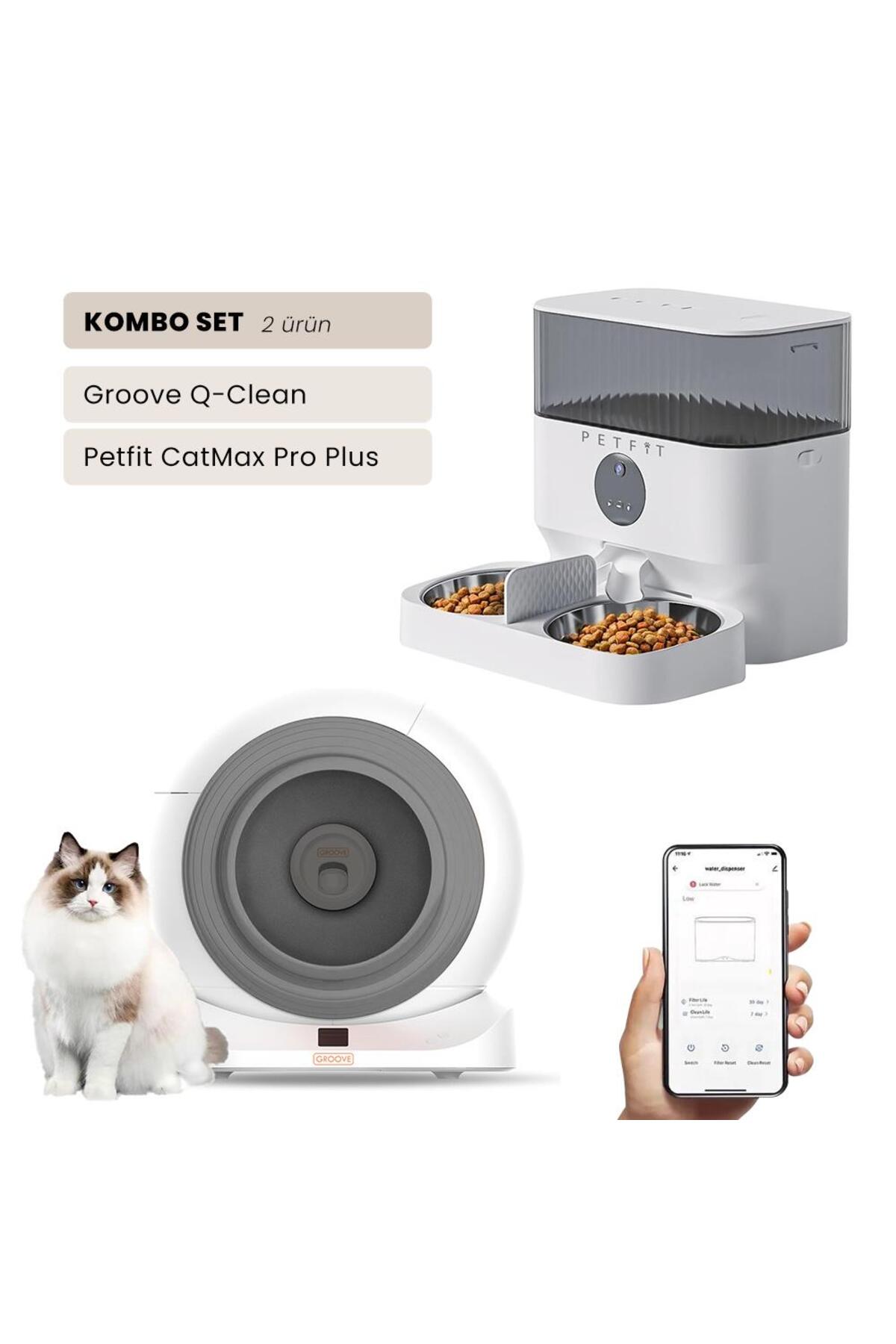 توالت خودکار گربه پت‌فیت Petfit Groove Q-Clean Wi-Fi خاکستری + CatMax Pro Plus 5L دوربین‌دار