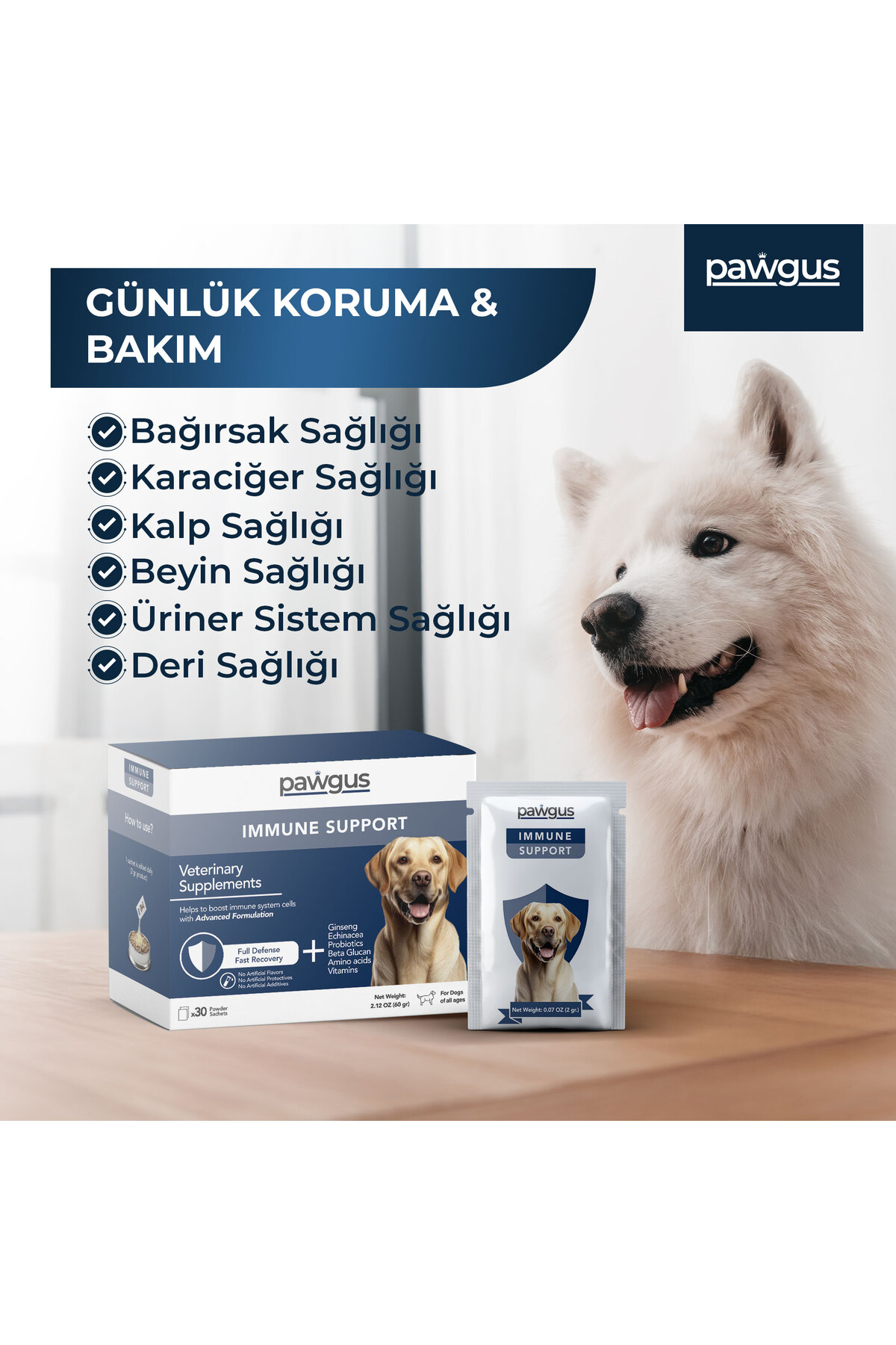 مکمل غذایی ویتامین روزانه سگ پاوگاس Pawgus، پشتیبانی از ایمنی (۳۰×۲ گرم)