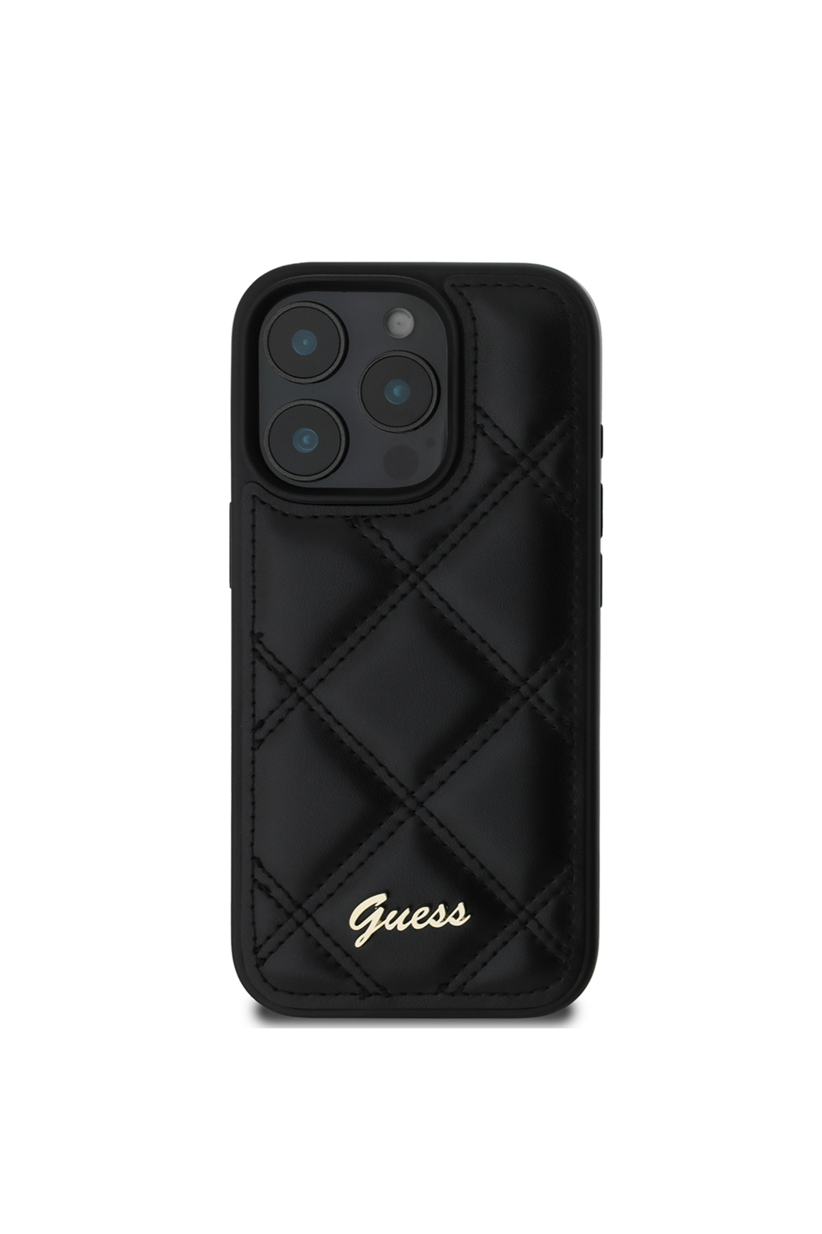 کاور و قاب سازگار با IPHONE 16 PRO MAX GUESS LICENSED PU چرمی METAL TEXT LOGO COILTED COVER مشکی اورجینال Guess