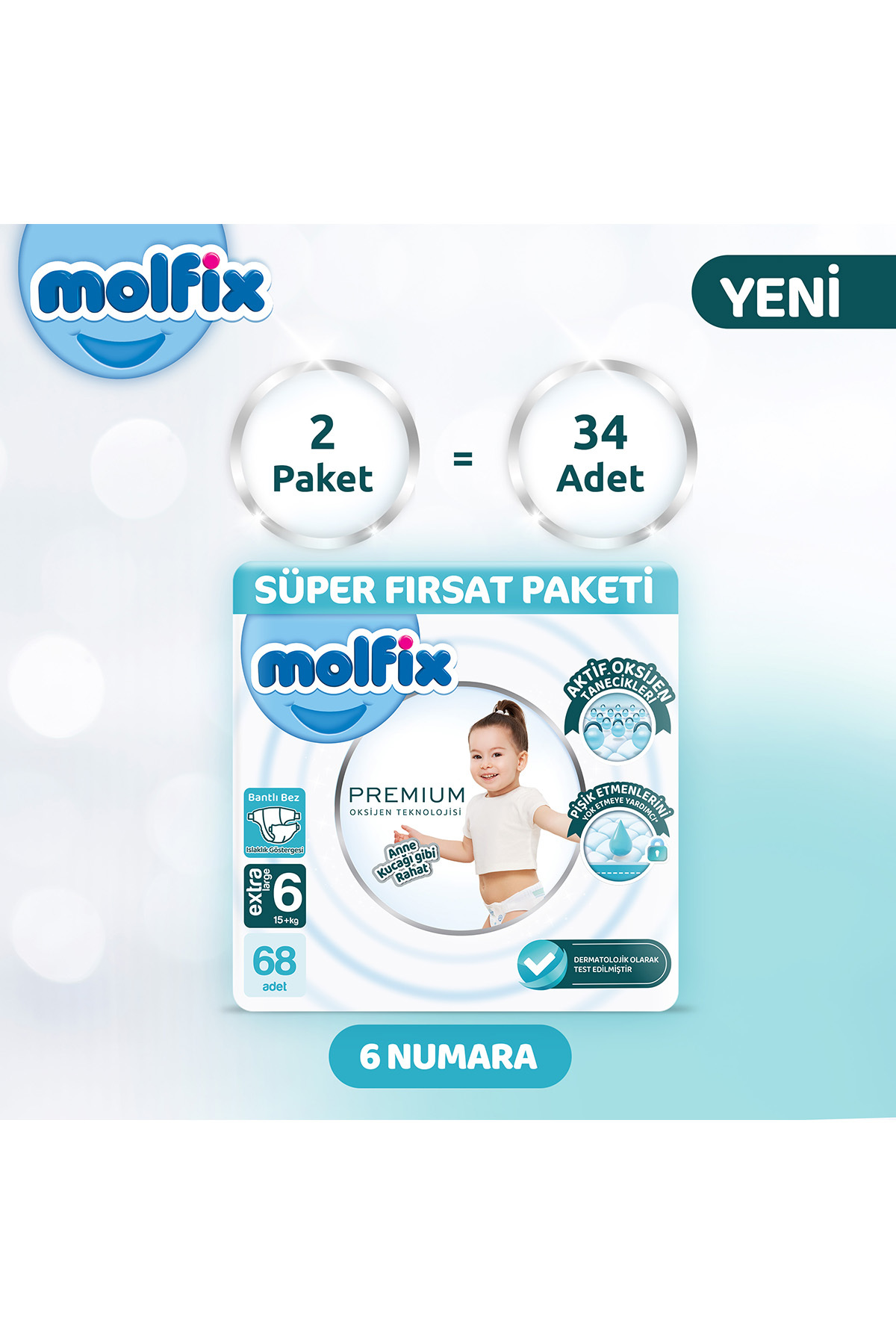 پوشک بچه پکیج پرمیوم سوپر دیال 6 سایز 68 عددی اورجینال Molfix