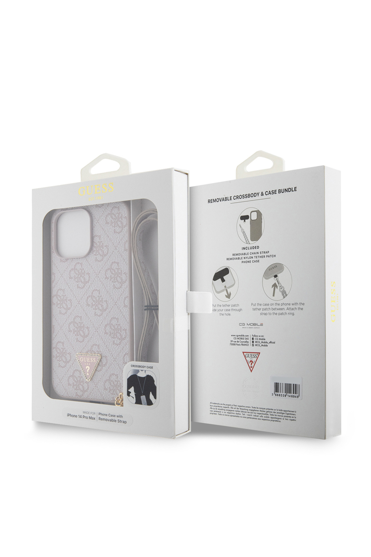 کاور و قاب IPHONE 14 PRO MAX CASE GUESS LICENSED PU چرمی STONED METAL TRIANGLE LOGO صلیب بدنه بند صورتی اورجینال Guess