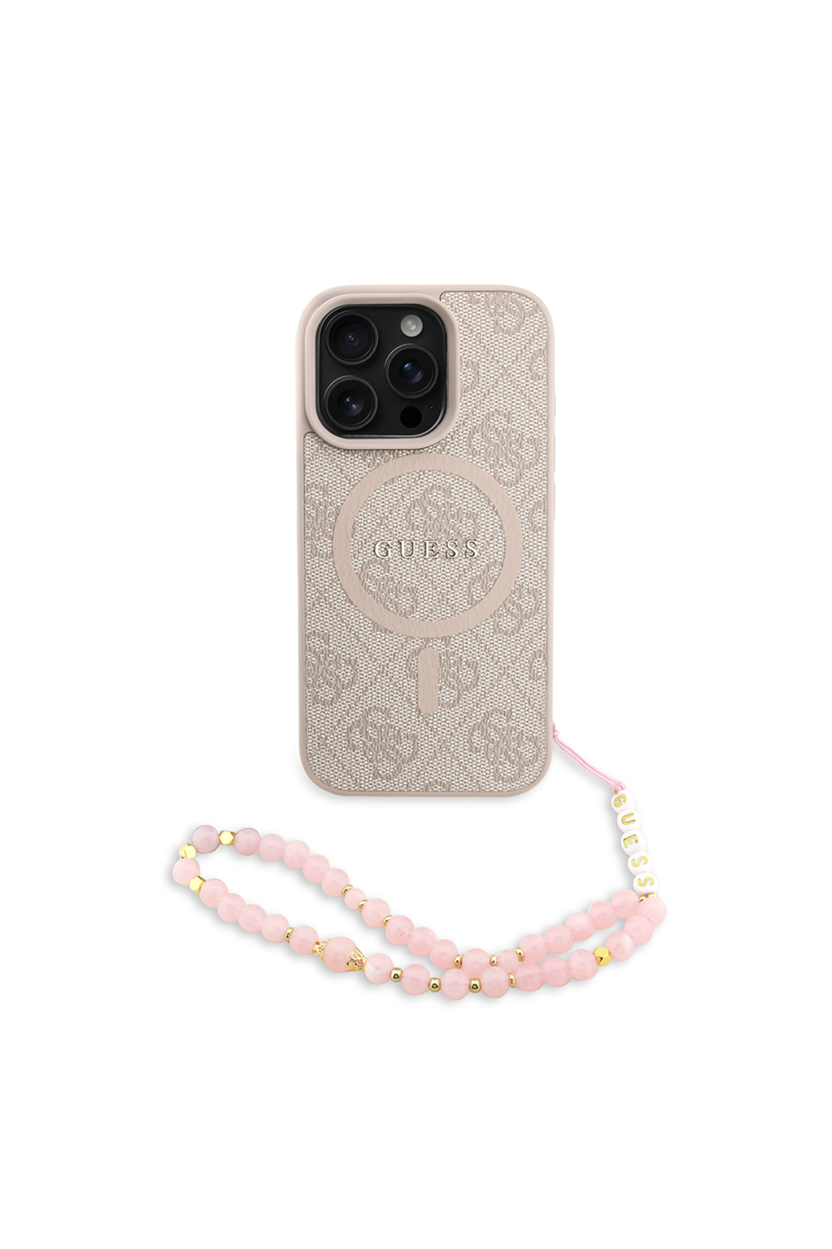 کاور و قاب سازگار با IPHONE 16 PRO دارای مجوز M SAFE سیم بند مچی لوگوی متنی صورتی اورجینال Guess