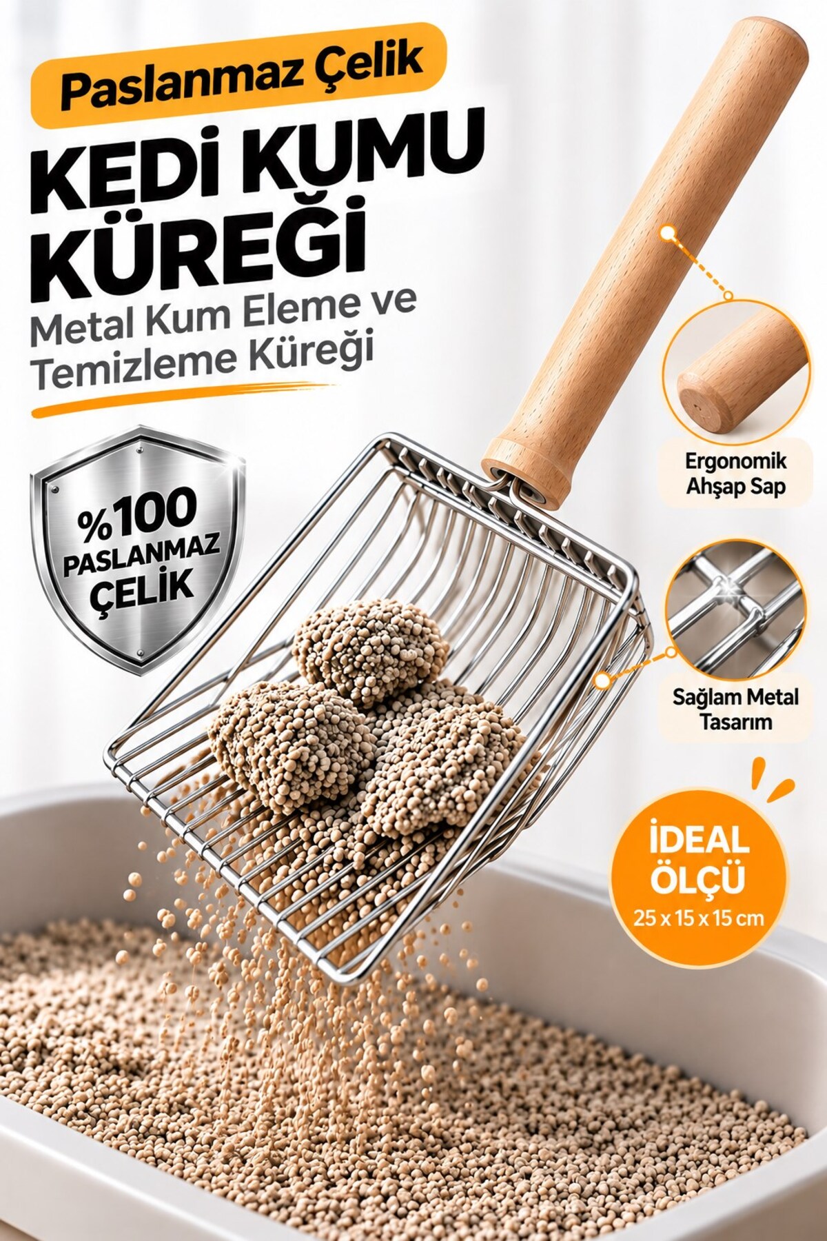 بیلچه خاک گربه کورت‌بای شکل Kurtbay Şekil از فولاد ضدزنگ