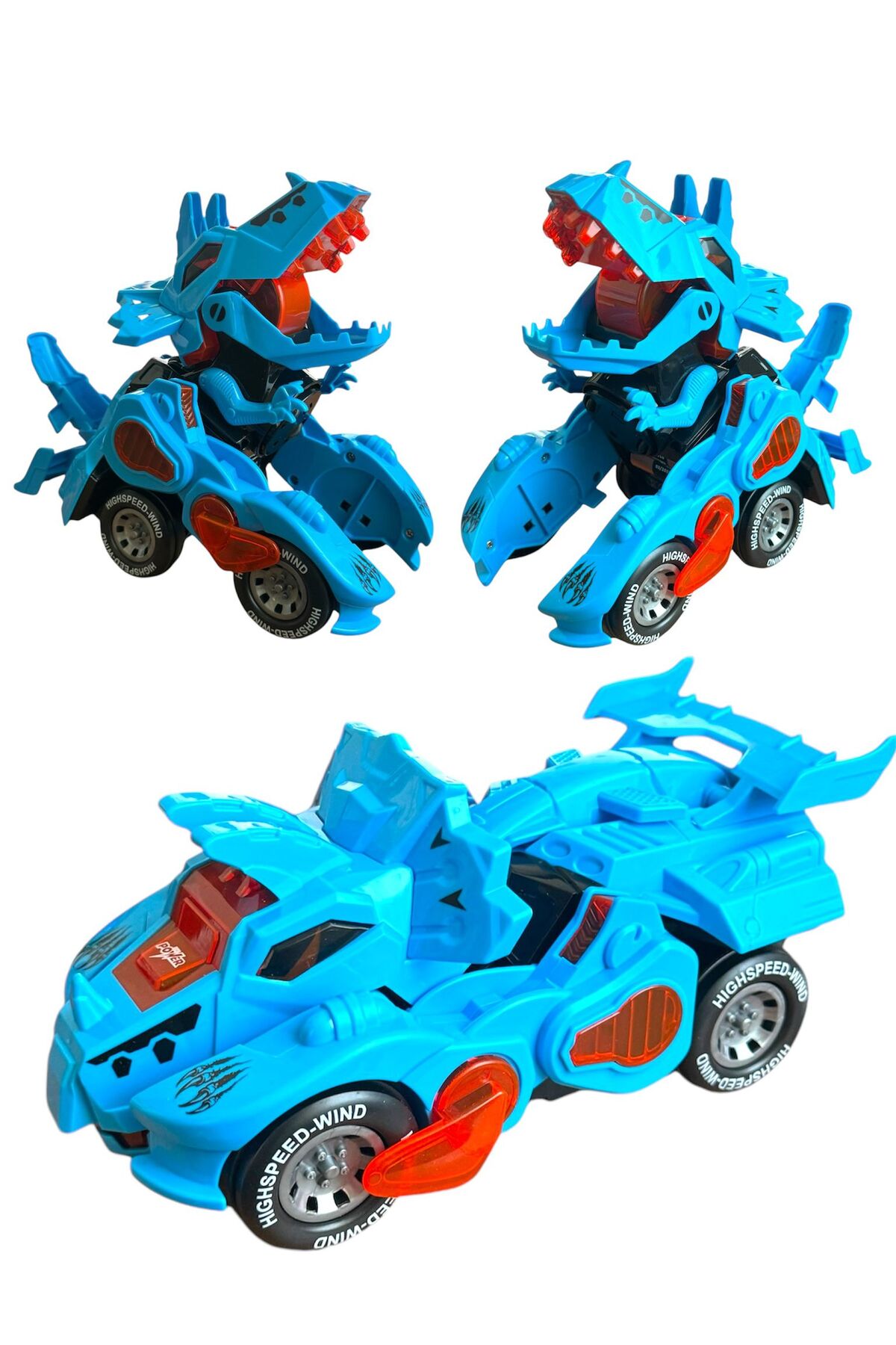 ماشین اسباب بازی TREX DINOSAUR FIGURE CAR SOUND LIGHT باطری موزیک ترانسفورماتور ربات دایناسور 20CM آبی TRUST STORE