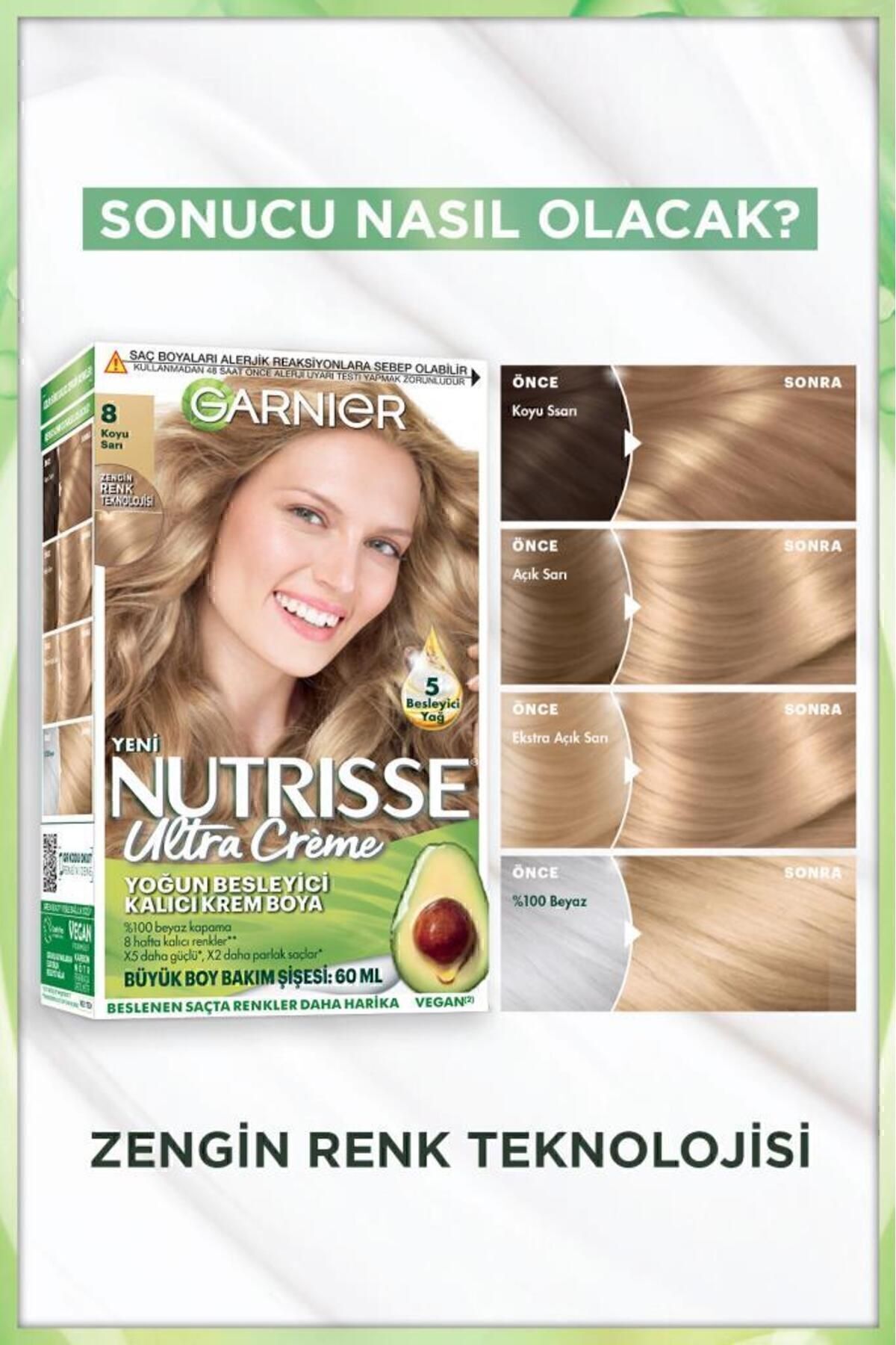 Garnier رنگ مو کرمی دائمی مغذی غنی سرشار از مواد مغذی 8 زرد تیره