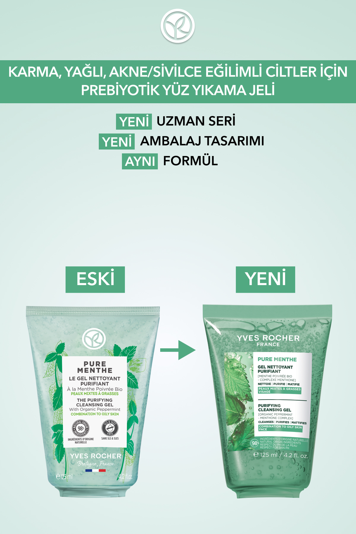 ژل شستشوی صورت Pure Menthe Prebiotic برای پوست های مختلط و چرب 125 میل ایوروشه Yves Rocher