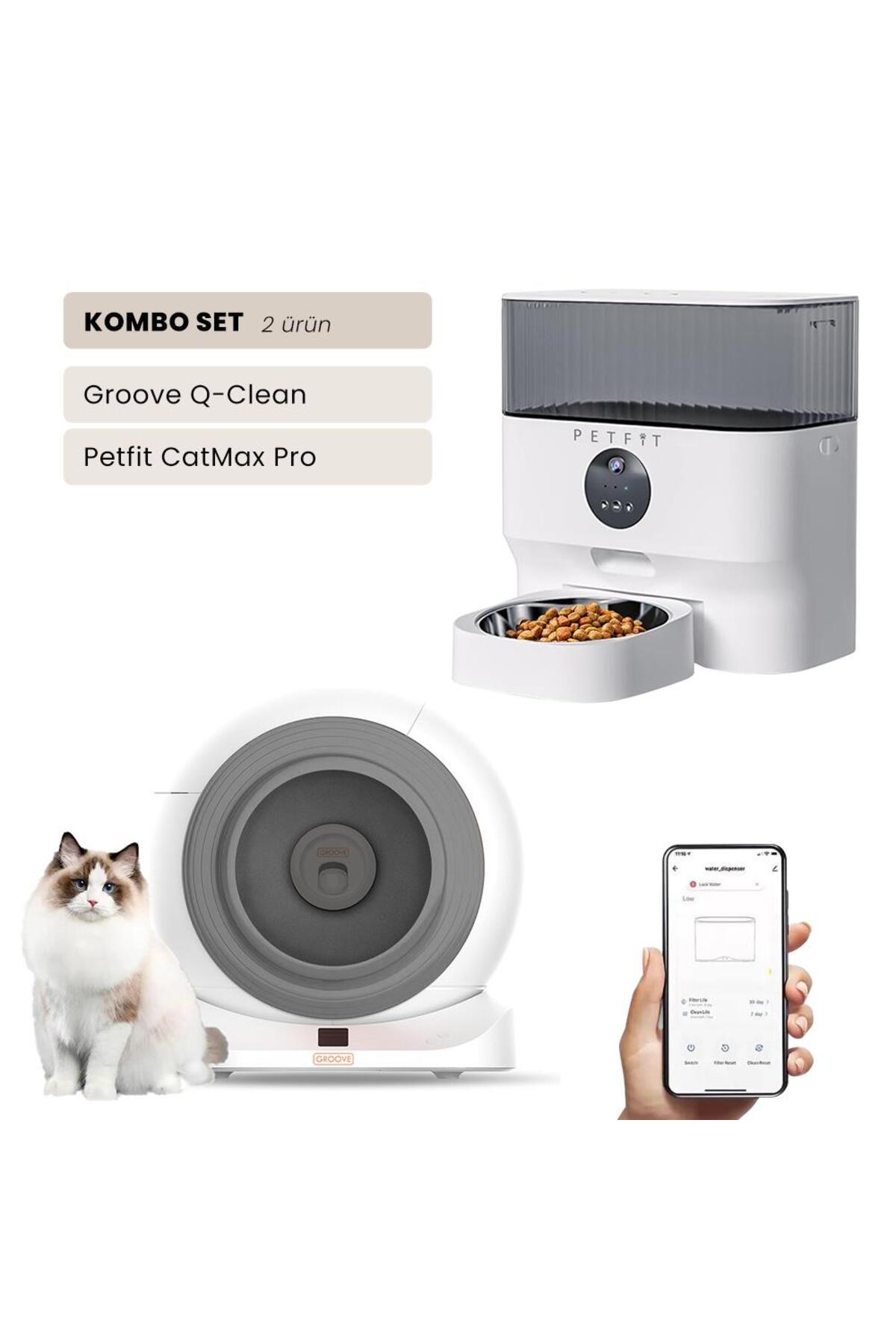 مجموعه دو توالت هوشمند گربه پتفیت Petfit، Groove Q-Clean و CatMax Pro؛ هر دو Wi-Fi، یکی خاکستری و دیگری دوربین‌دار و خودکار 5L
