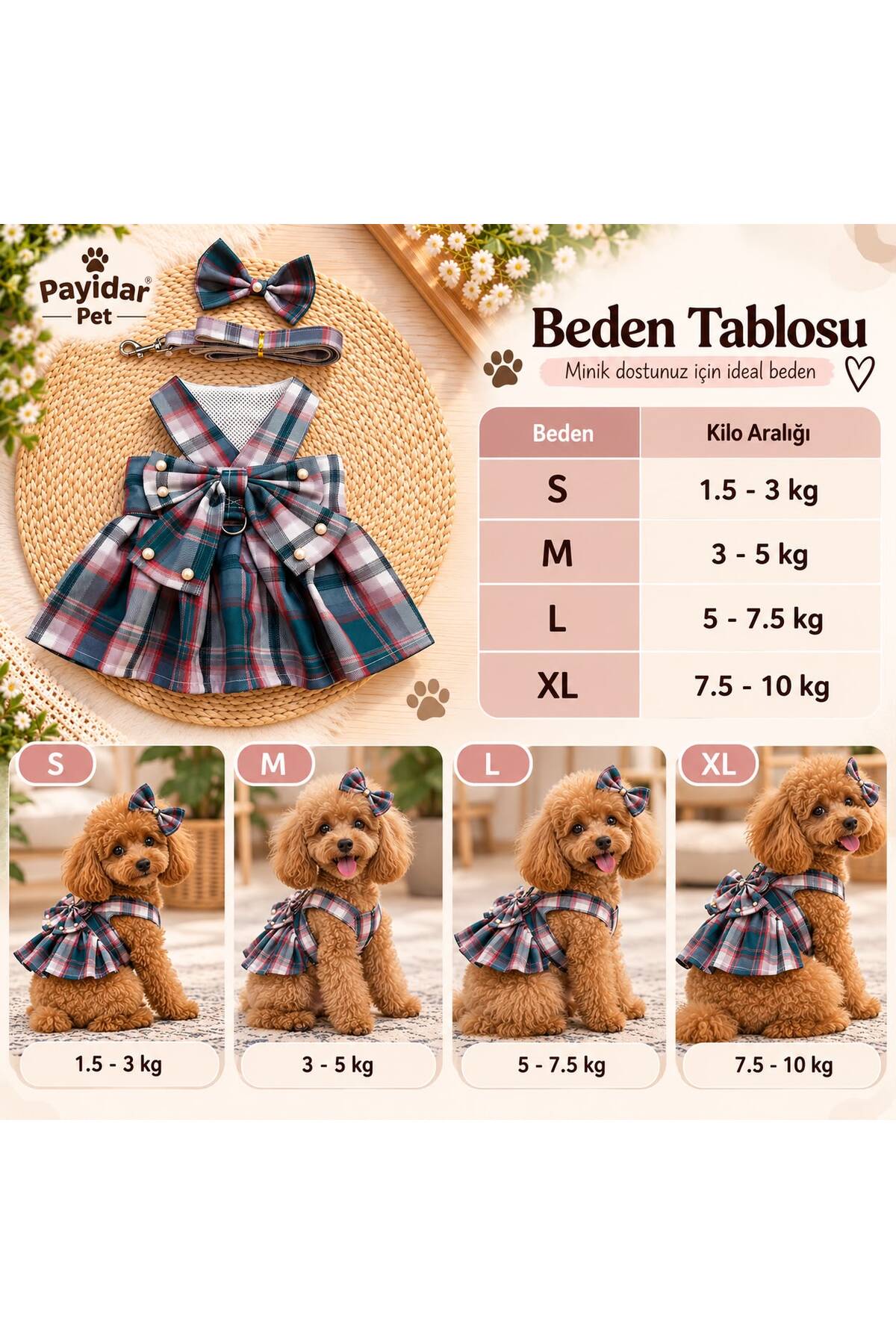 ست لباس سگ پایدار پت Payidar Pet، Pet Fashion Premium، طرح چهارخانه همراه بند و گیره پاپیونی چندرنگ