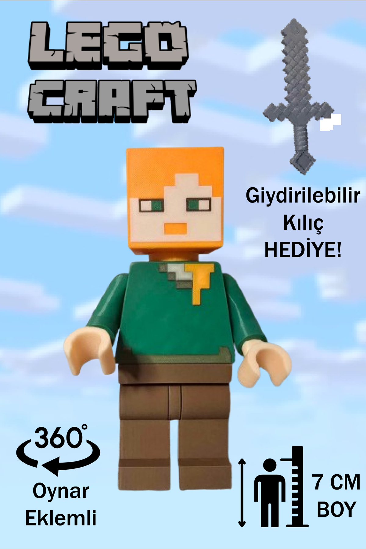 اسباب بازی های فیگور دیگر LEGOCRAFT ALEX PLAYABLE JOINTED 7CM ست MINECRAFT با هدیه شمشیر لباس پوشیدنی GiginGo