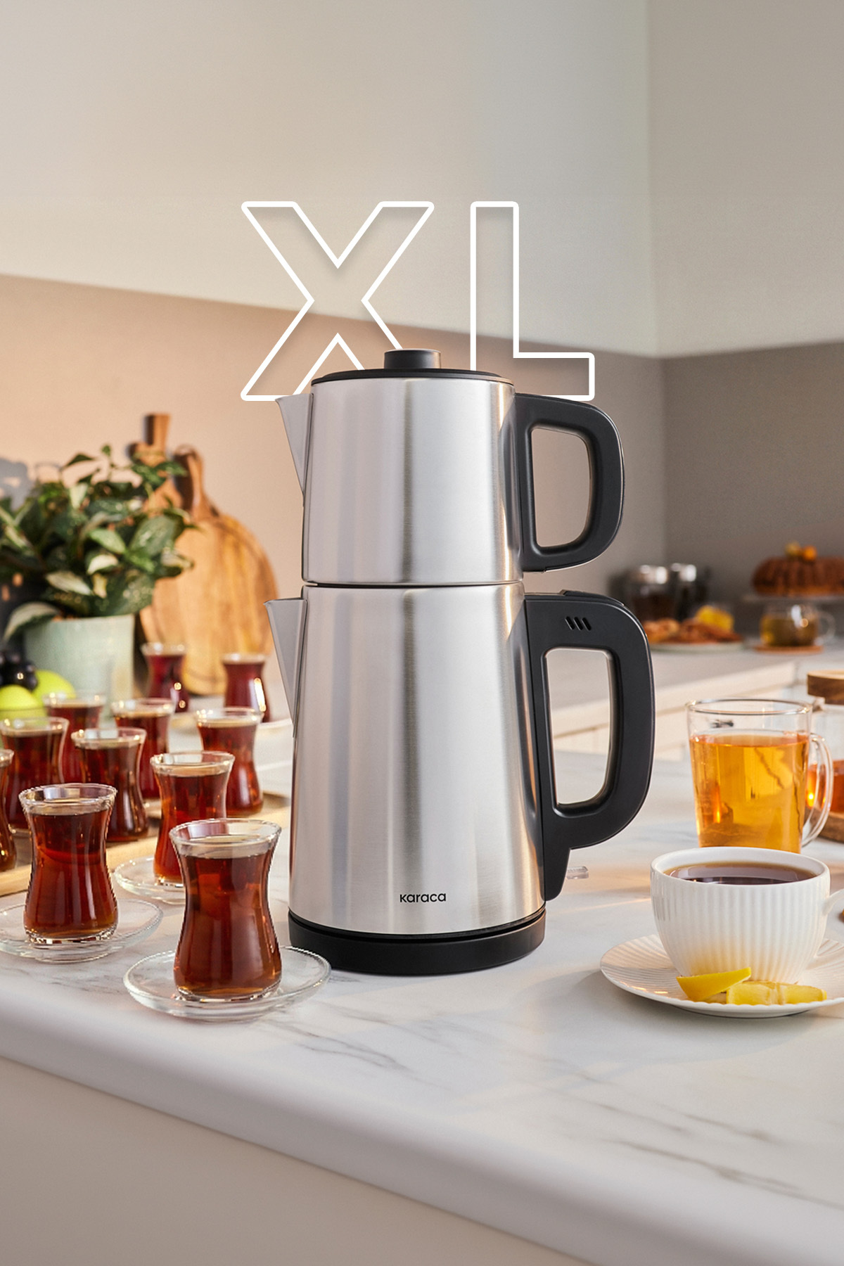 چای ساز استیل و کتری اینوکس تیبیگ XL 2 در 1 اورجینال Karaca