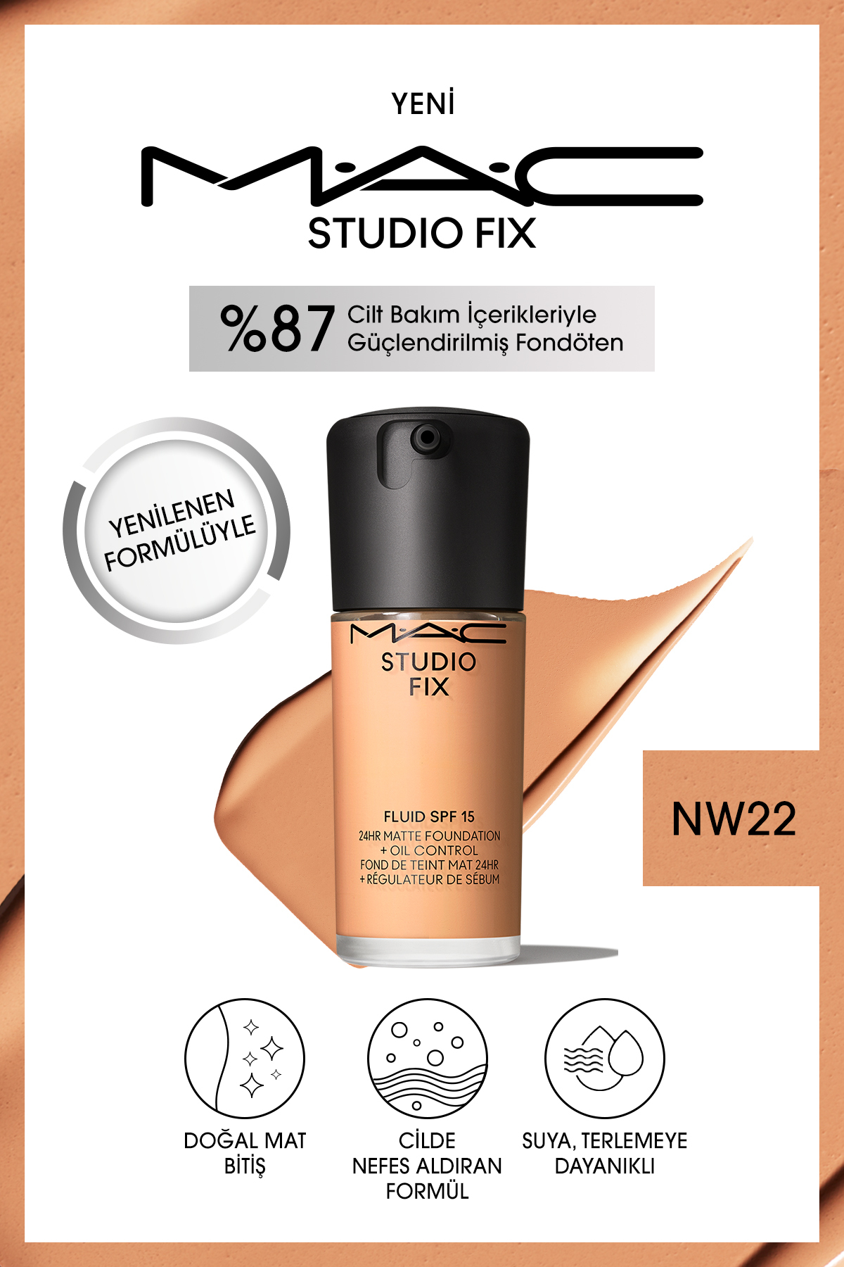 کرم پودر بنیاد دائمی مت تا 24 ساعت استودیو رفع سیال SPF15 رنگ: NW22 30ML Mac