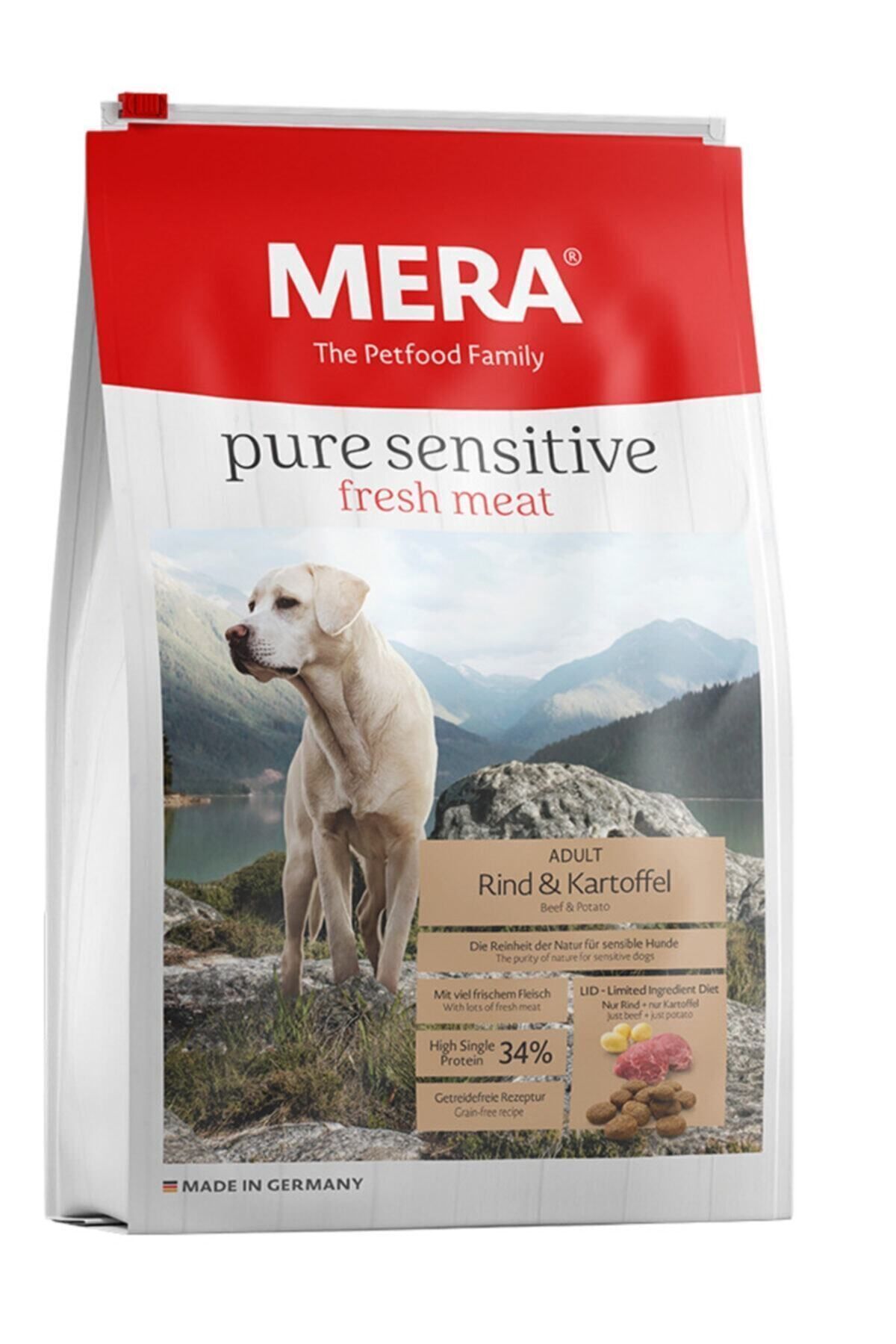غذای خشک سگ مرا Mera The Petfood Family Pure Sensitive بدون غلات با گوشت گاو تازه و سیب‌زمینی، ۱۲٫۵ کیلوگرمی 12.5kg