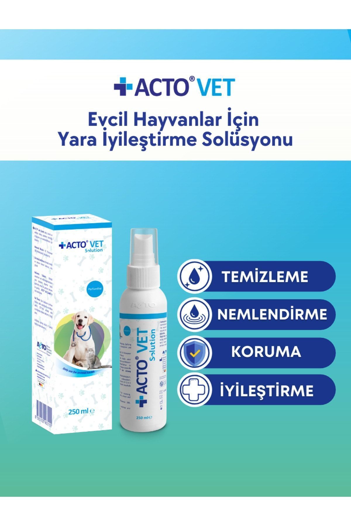 محلول ترمیم زخم حیوانات خانگی اکتو Acto VET SOLUTION، ۲۵۰ میلی‌لیتر