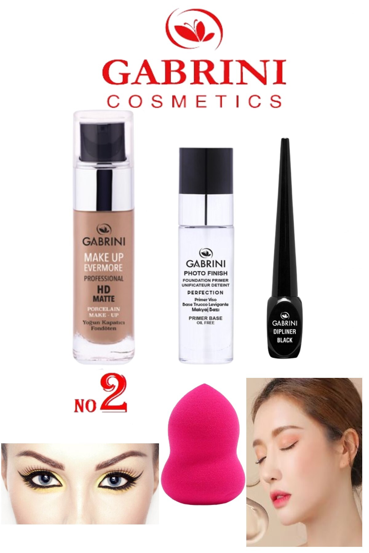 کرم پودر HD MATTE FOUNDATION 2 + 20 میل آرایش مقداری مات DIPLINER مجموعه اسفنج Gabrini