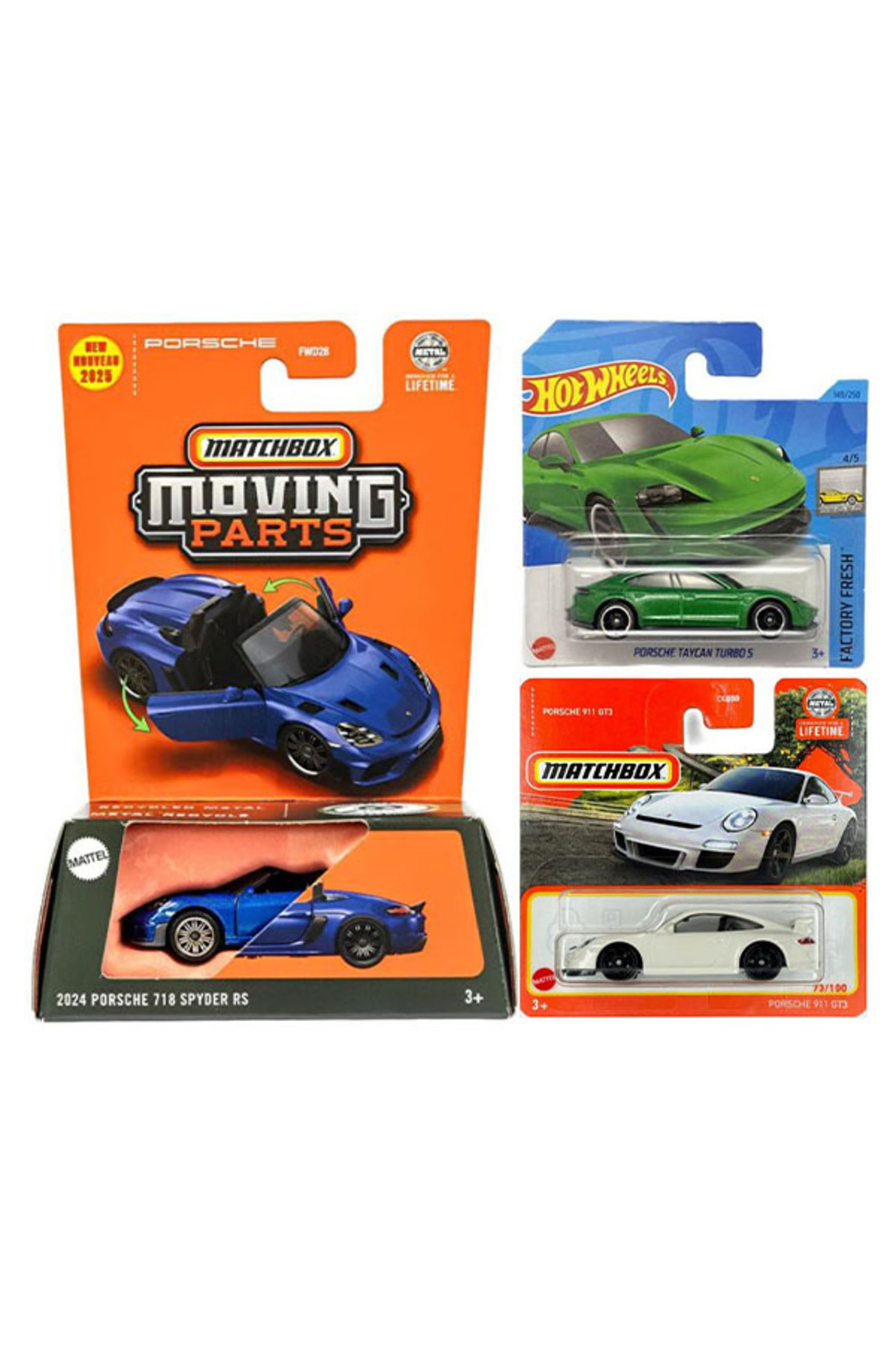 ماشین اسباب بازی 3 خودرو جعبه کبریت 2024 PORSCHE 718 SPYDER & TAYCAN TURBO S 911 GT3 از ترکیه HOT WHEELS