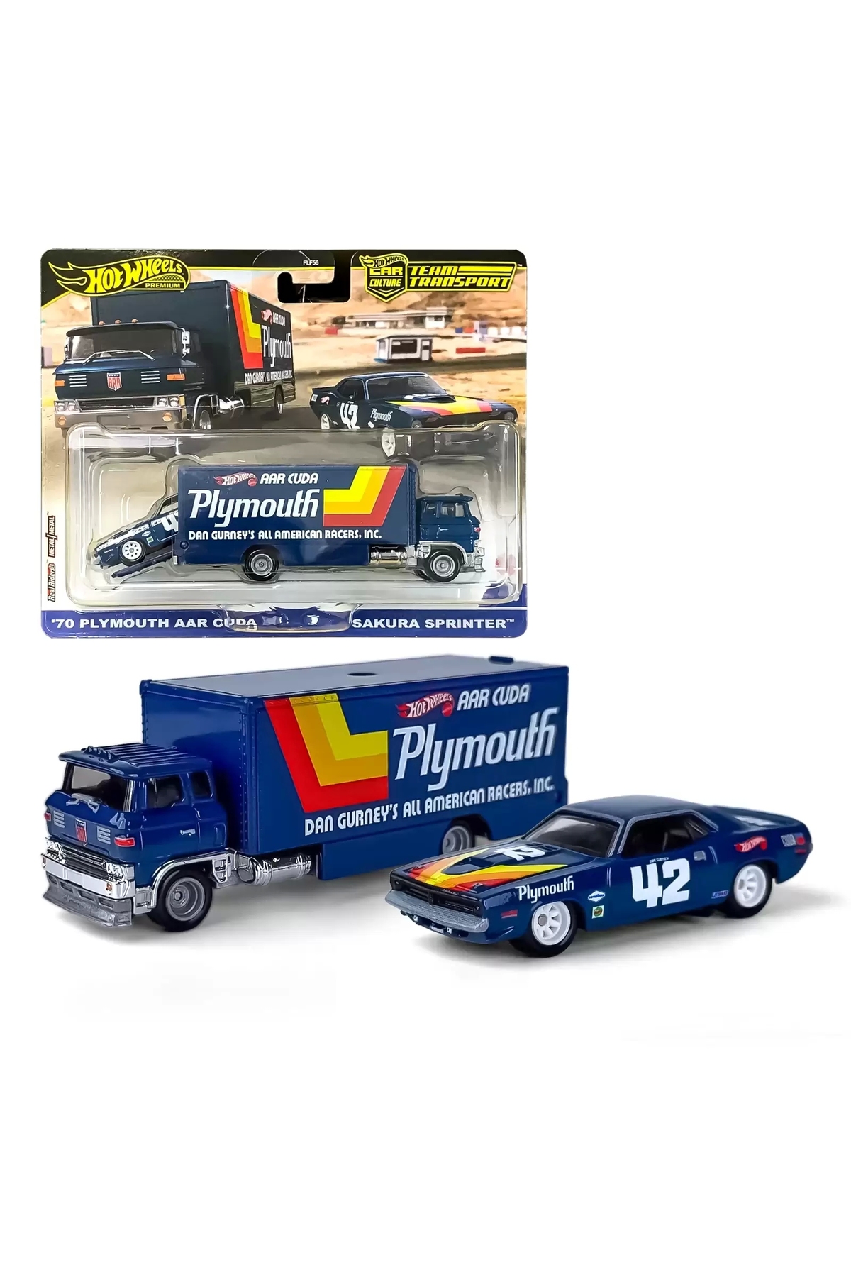 مدل خودرو HOT WHEELS PREMIUM TEAM TRANSPORT 70 PLYMOUNT AAR CUDA SAKURA SPRINTER HRV38 اورجینال Hotwhells