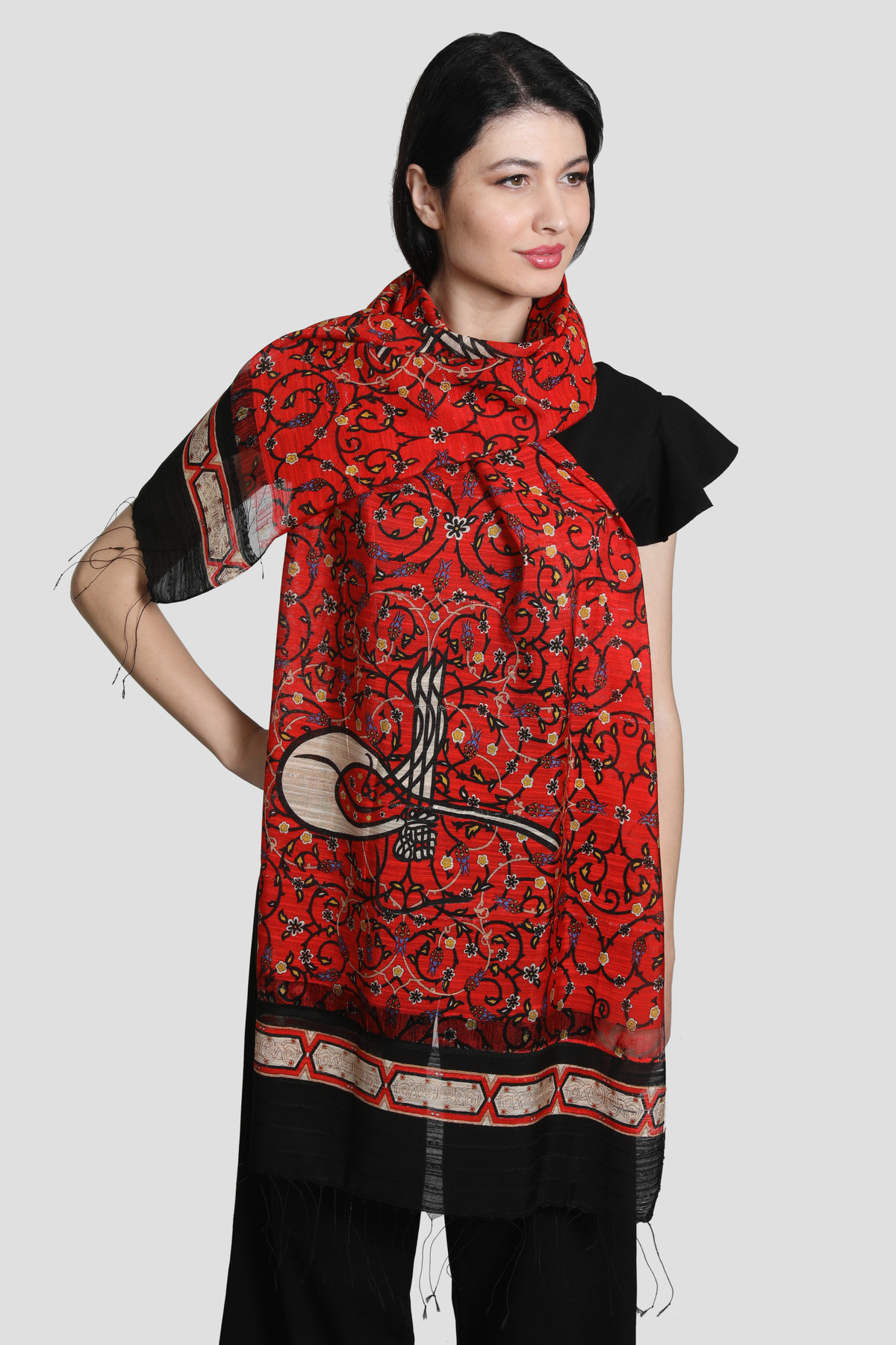 شال ابریشم و کتان میستیک Mystic قرمز و مشکی، مدل MS-322 زنانه