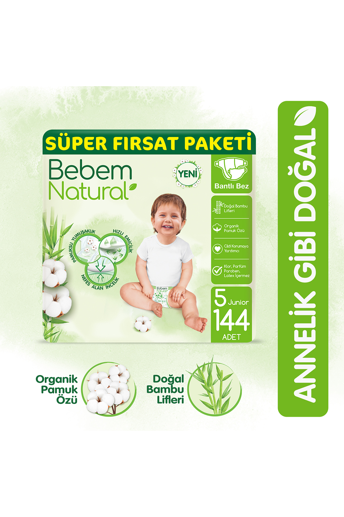 پوشک بچه سایز 5 جونیور سوپر فرصت بسته 144 عددی اورجینال Bebem Natural