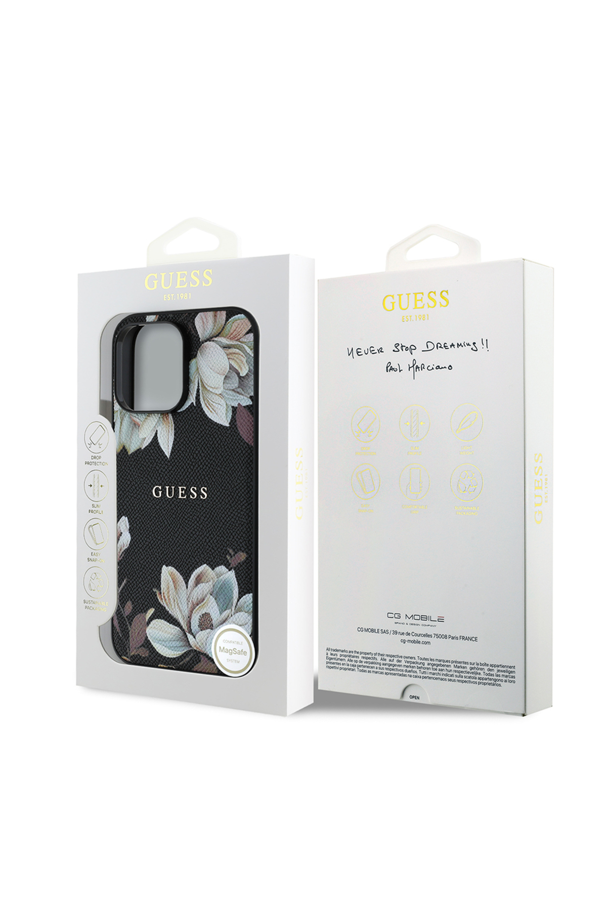 کاور و قاب سازگار با IPHONE 14 PRO MAX GUESS دارای مجوز M SAFE برجسته فلزی گل دانه دار مشکی اورجینال Guess