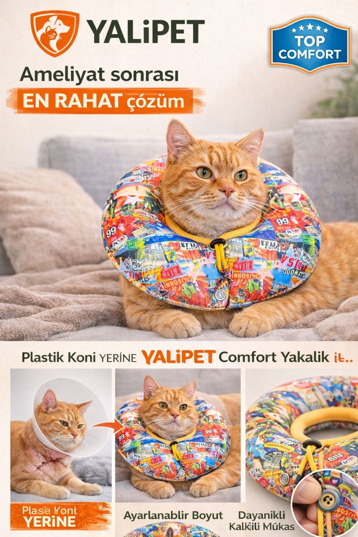 قلاده محافظ پس از جراحی سگ و گربه یالی‌پت YalıPet، قابل تنظیم و چفتی چندرنگ