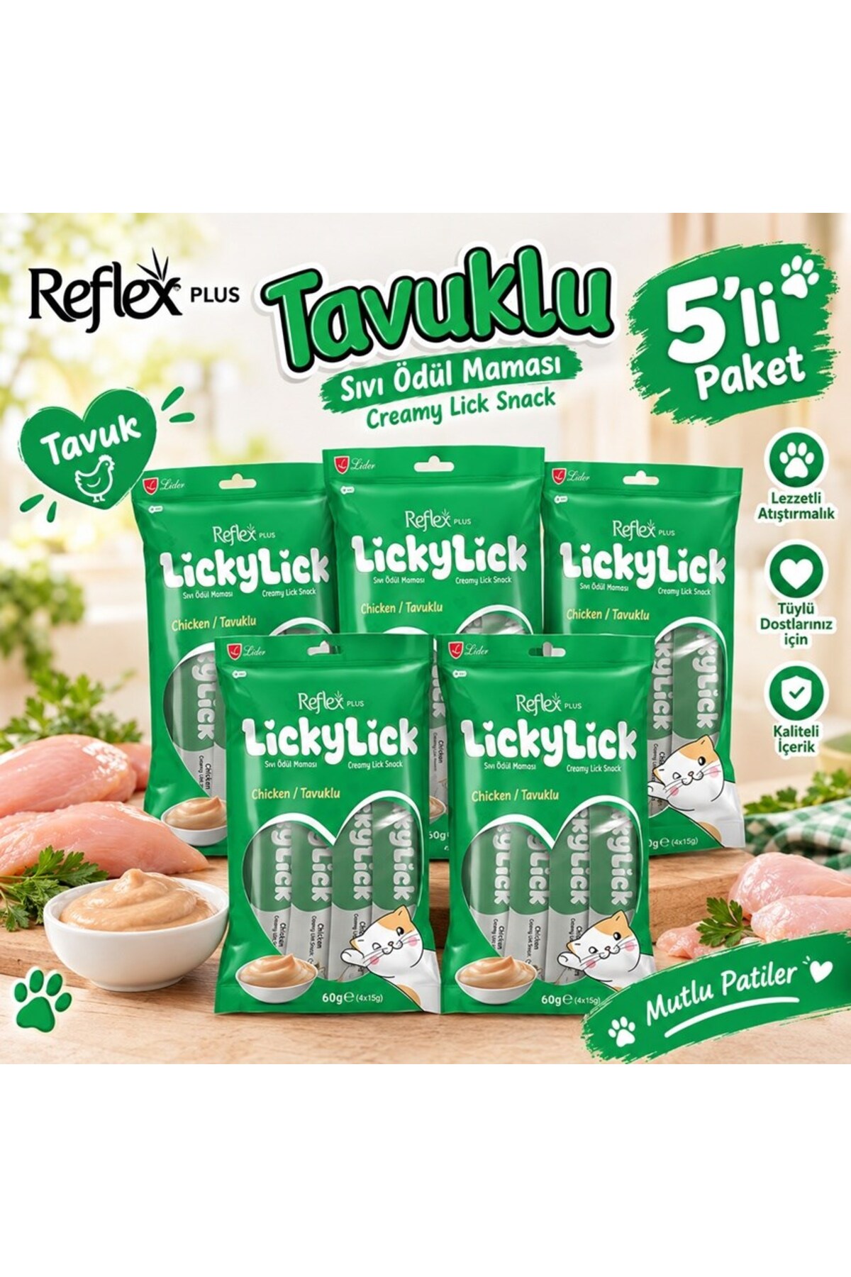 تشویقی مایع گربه رفلکس Reflex Plus LickyLick با طعم مرغ، بسته ۵ عددی 15 gr