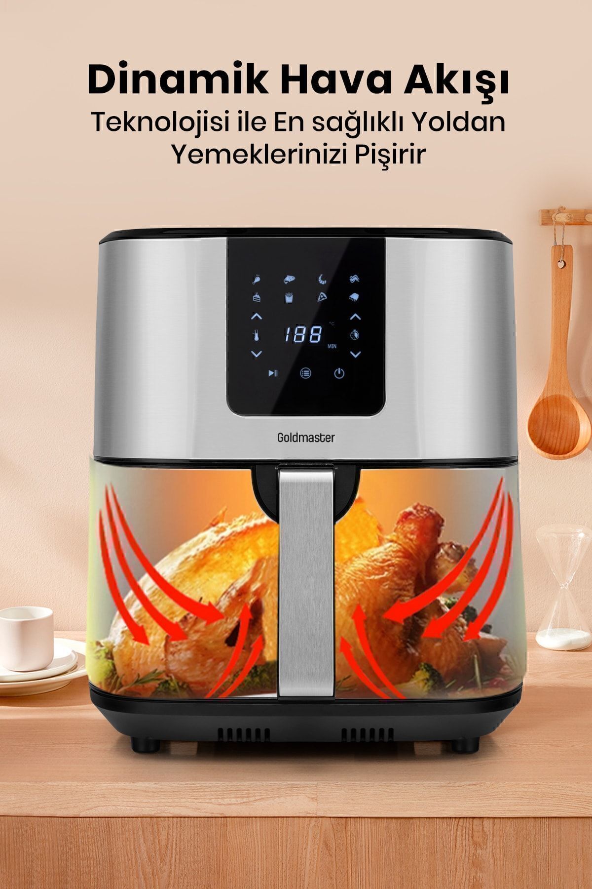 سرخ کن BRENDA 7 لیتری INOX محفظه بزرگ XXL هوای داغ با 8 تنظیم از پیش شده اورجینال GoldMaster
