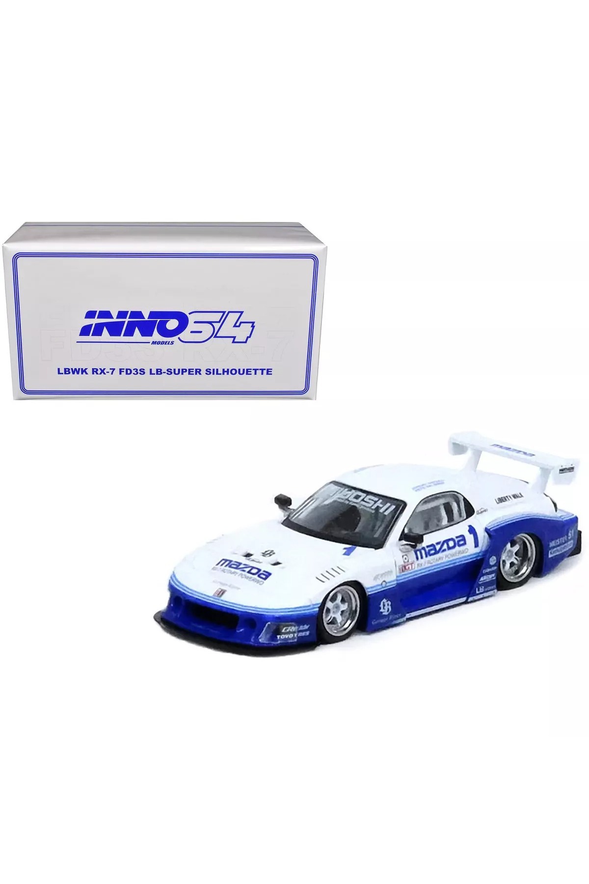 مدل خودرو مزدا RX7 LB SUPER SILHOUETTE 1 سفید و آبی HONG KONG TOY CAR SALON 2024 SPECIAL ED 1:64 اورجینال Inno 64 Models
