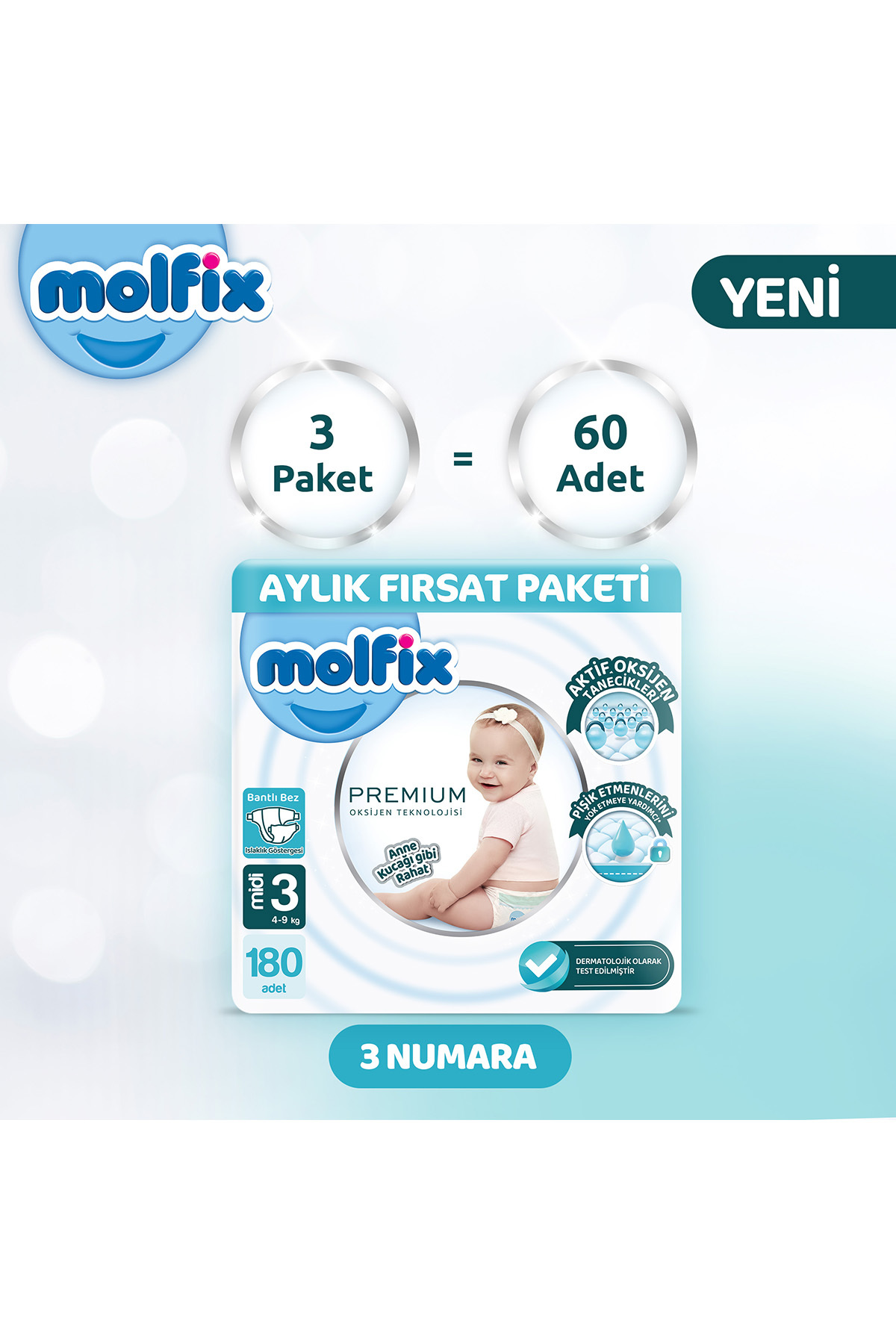پوشک بچه پکیج فرصت ماهانه پرمیوم 3 سایز 180 عدد اورجینال Molfix