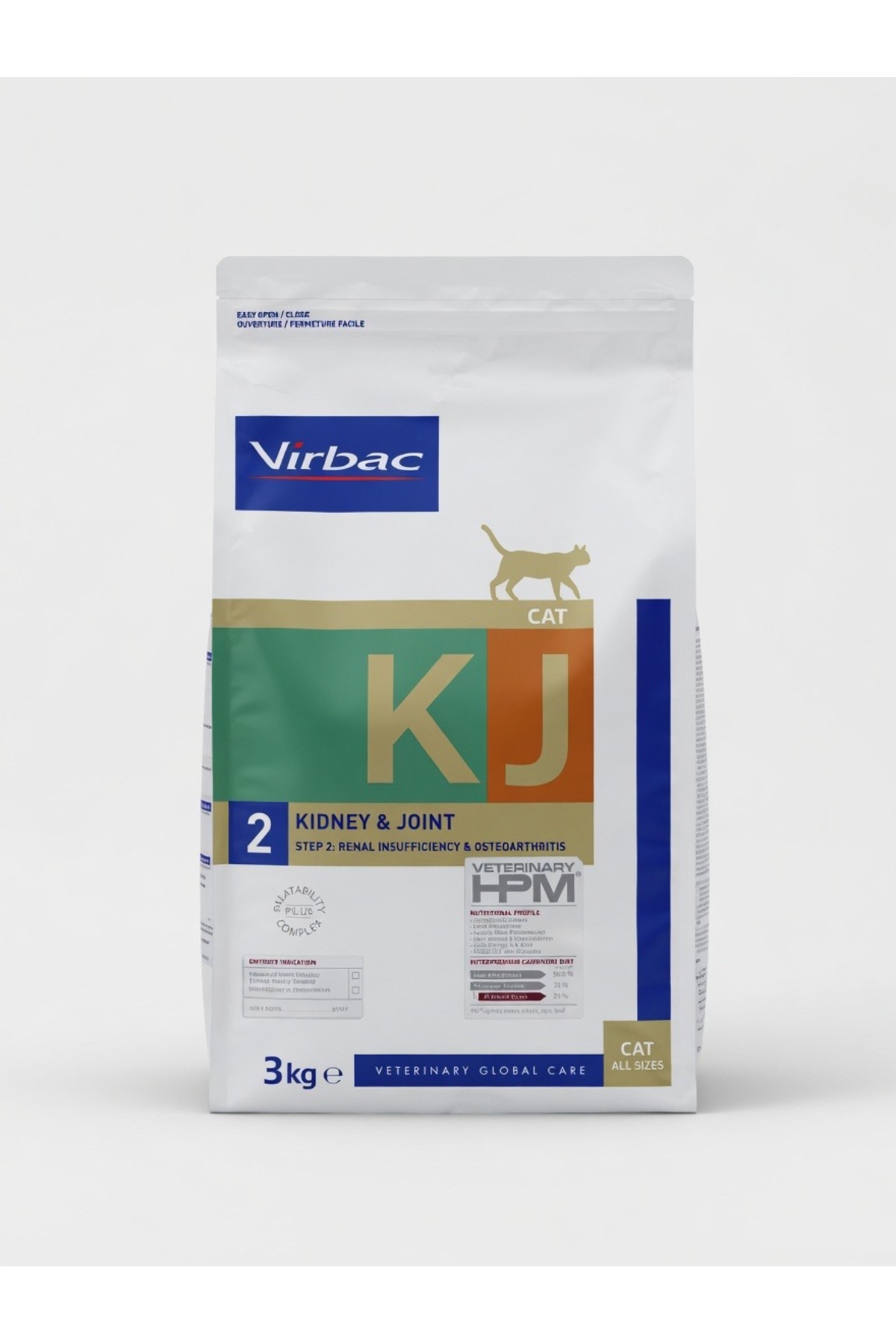غذای خشک دامپزشکی گربه Veterinary HPM Cat KJ 2 مرحله ۲ برای نارسایی کلیوی و آرتروز، ۳ کیلوگرم، ویربک Virbac