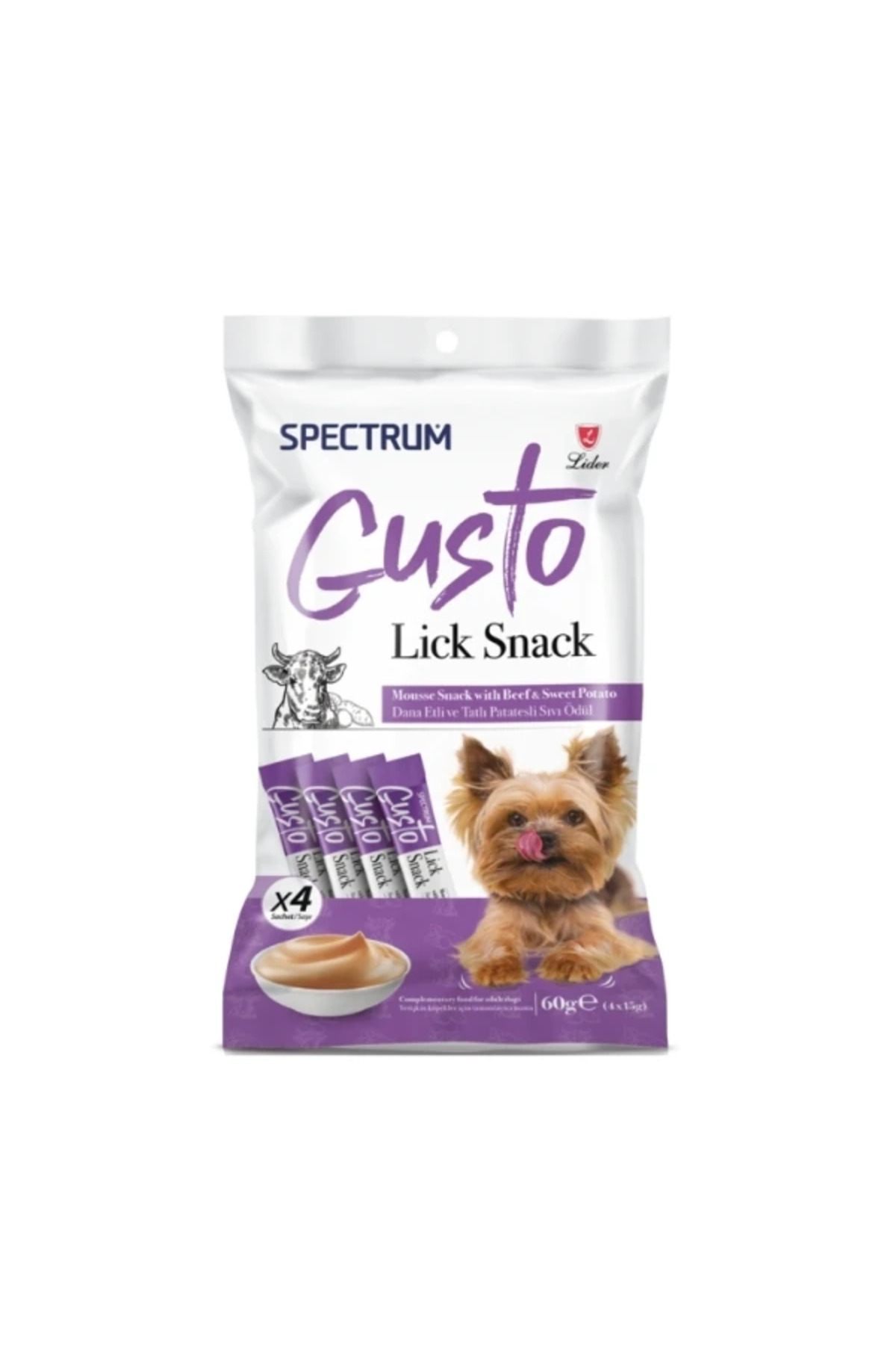 تشویقی مایع سگ بالغ اسپکتروم Spectrum Gusto با طعم گوشت گاو و سیب‌زمینی شیرین، ۶ عدد، ۴×۱۵ گرم