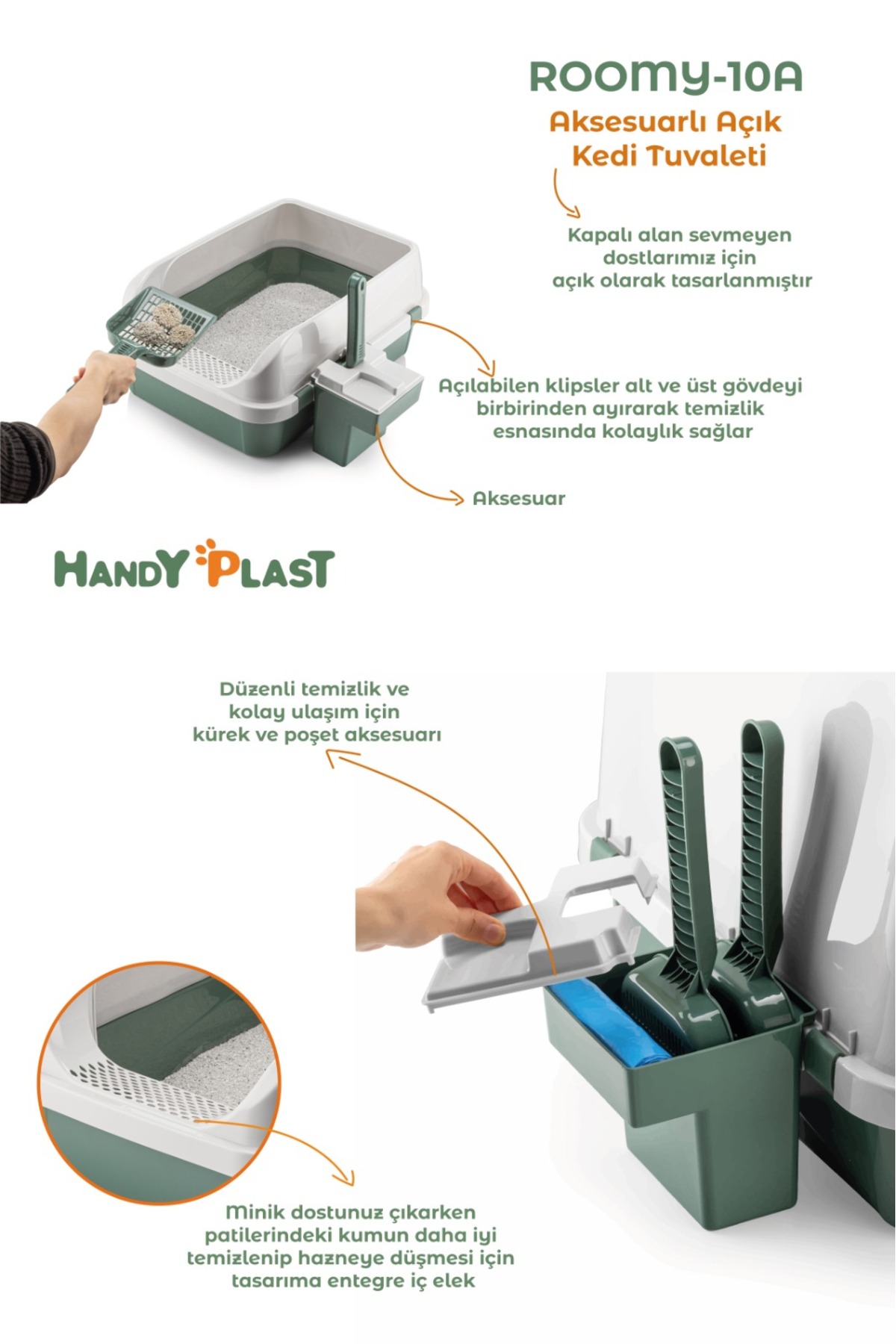 ست توالت گربه هندی پلاست Handy Plast مدل KİTTYCO-h، سرپوشیده و سبز