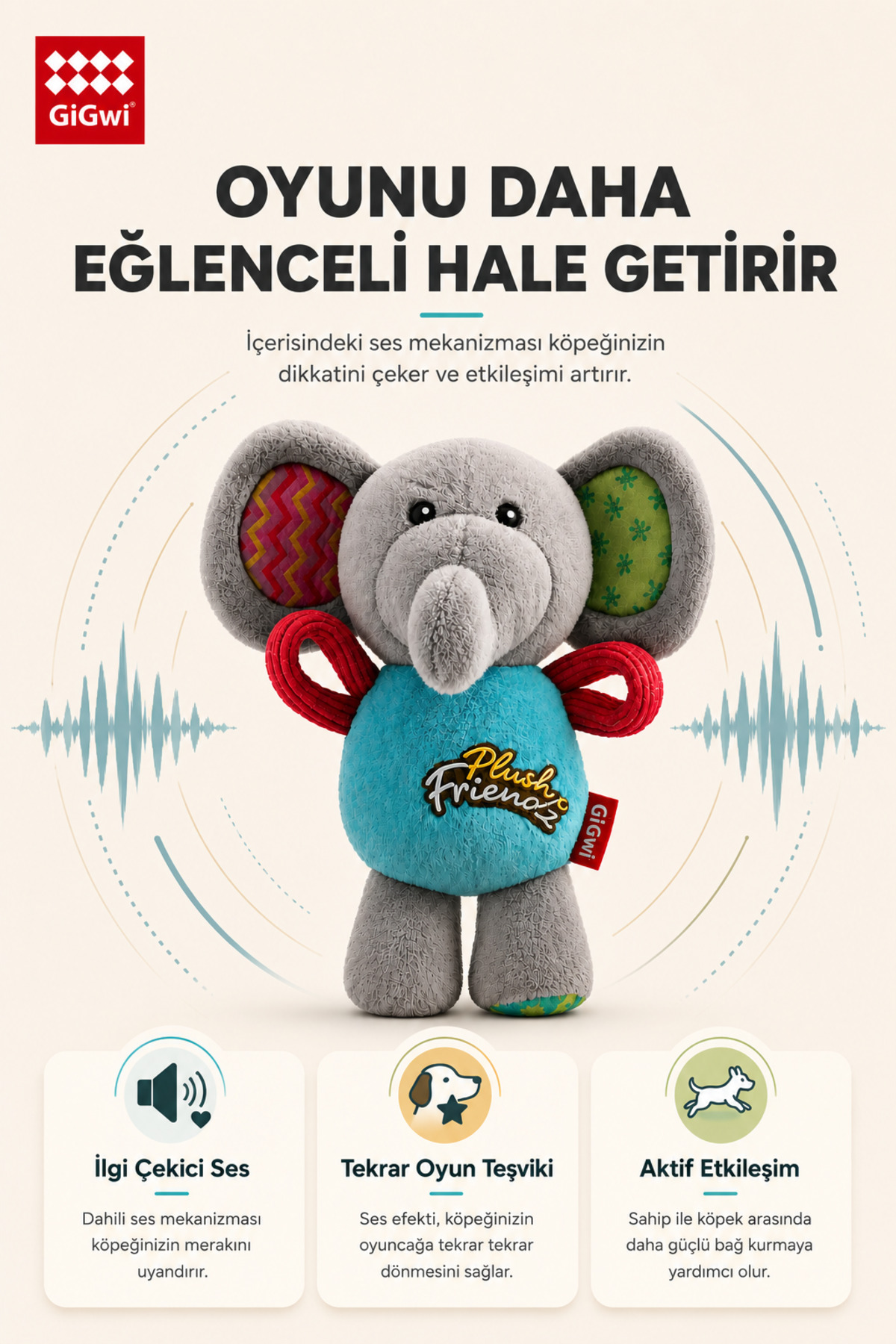 اسباب‌بازی عروسکی فیل برای سگ، صدادار و خش‌خش‌دار، سری Plush Friendz، گیگ‌وی GiGwi خاکستری
