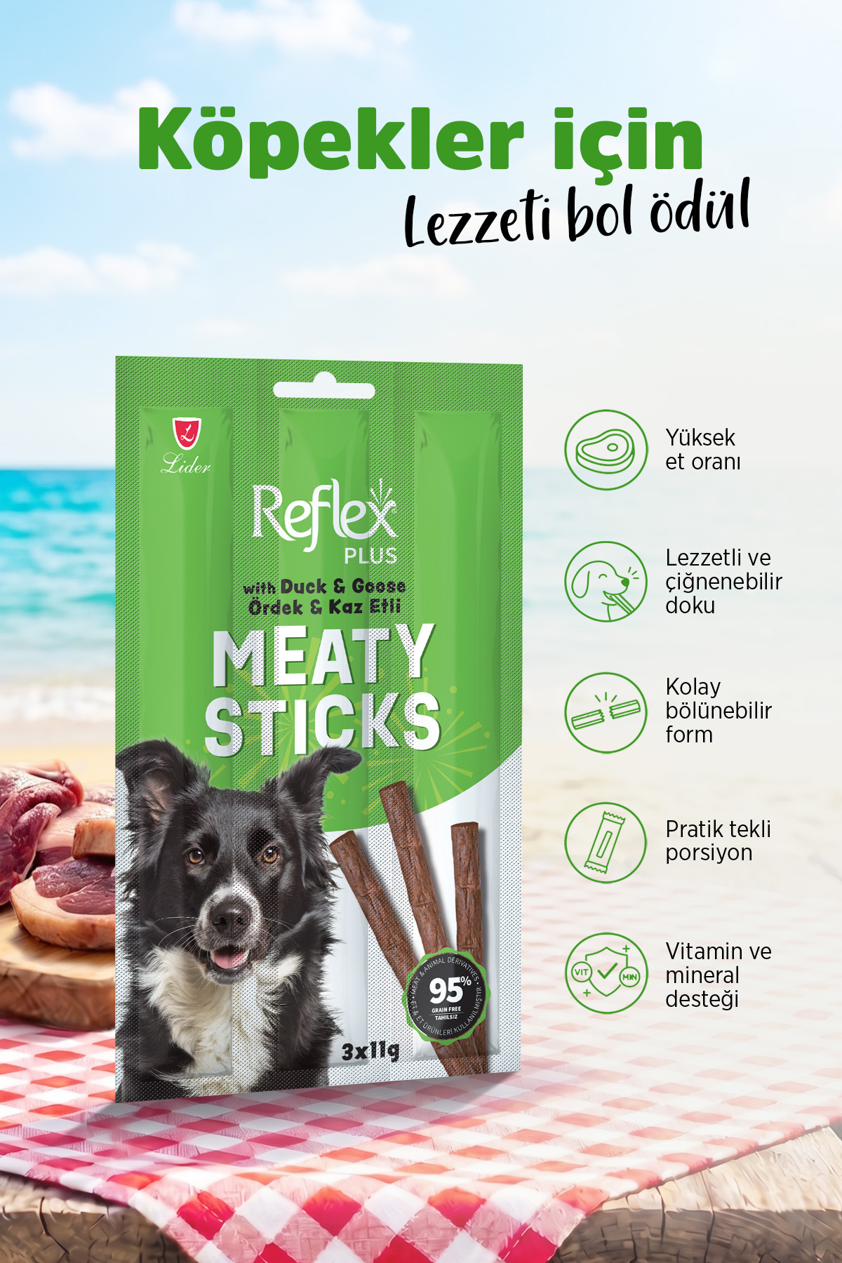 چوب تشویقی سگ رفلکس Reflex Plus Meaty Sticks با گوشت اردک و غاز، بسته شش‌تایی 11GR