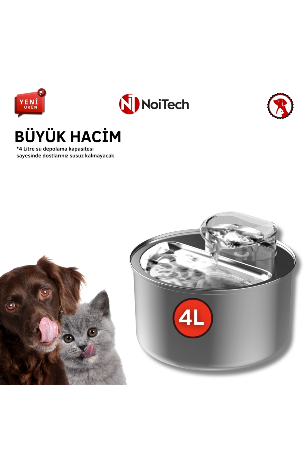 آبخوری فواره‌ای هوشمند ۴ لیتری سگ و گربه نویتک Noitech، مدل Smart2، استیل ضدزنگ و کم‌صدا