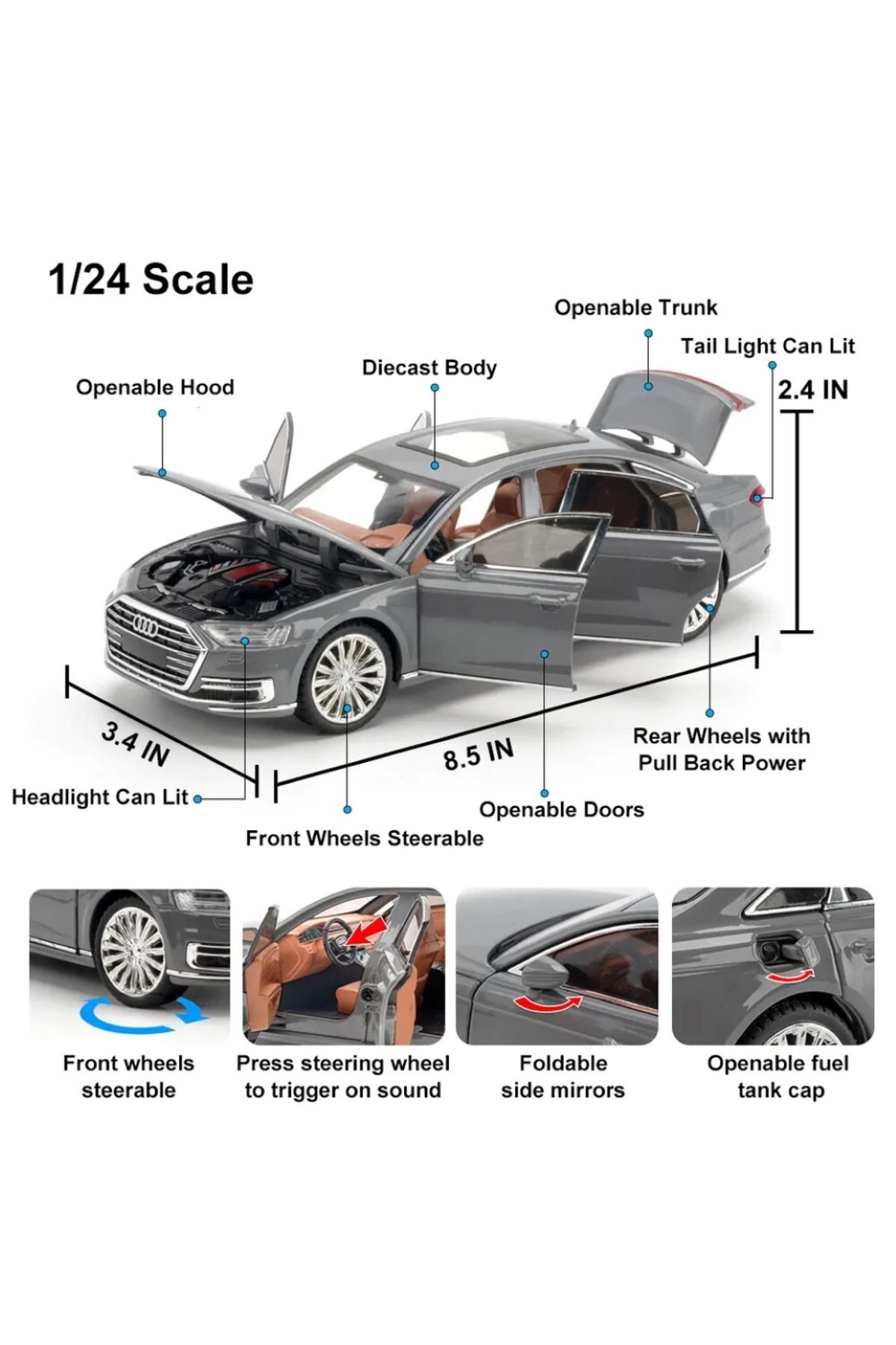 مدل خودرو آئودی A8 ماشین AUDI LONG QUATTRO 1:24 DIECAST METAL مجموعه با صدا و نور اورجینال scntoys