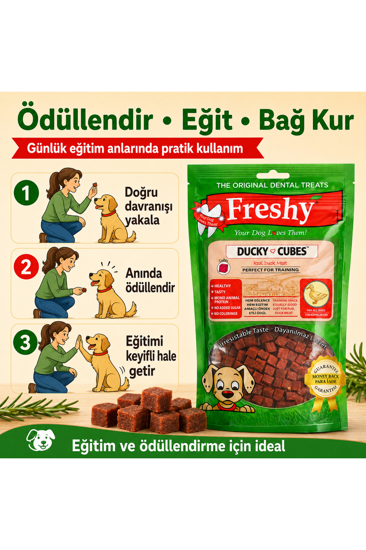 تشویقی مکعبی سگ Ducky Cubes از فرشی Freshy، با طعم اردک و خرگوش، ۸۰ گرم
