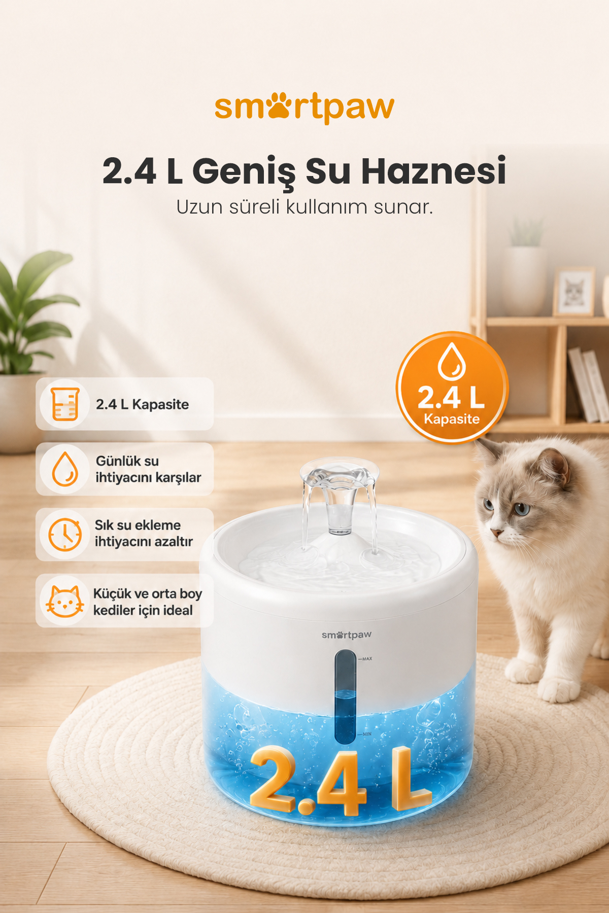 آب‌خوری فواره‌ای گربه اسمارت‌پا SMARTPAW، سری Aqua Core، ظرفیت ۲٫۵ لیتر و دو حالت جریان
